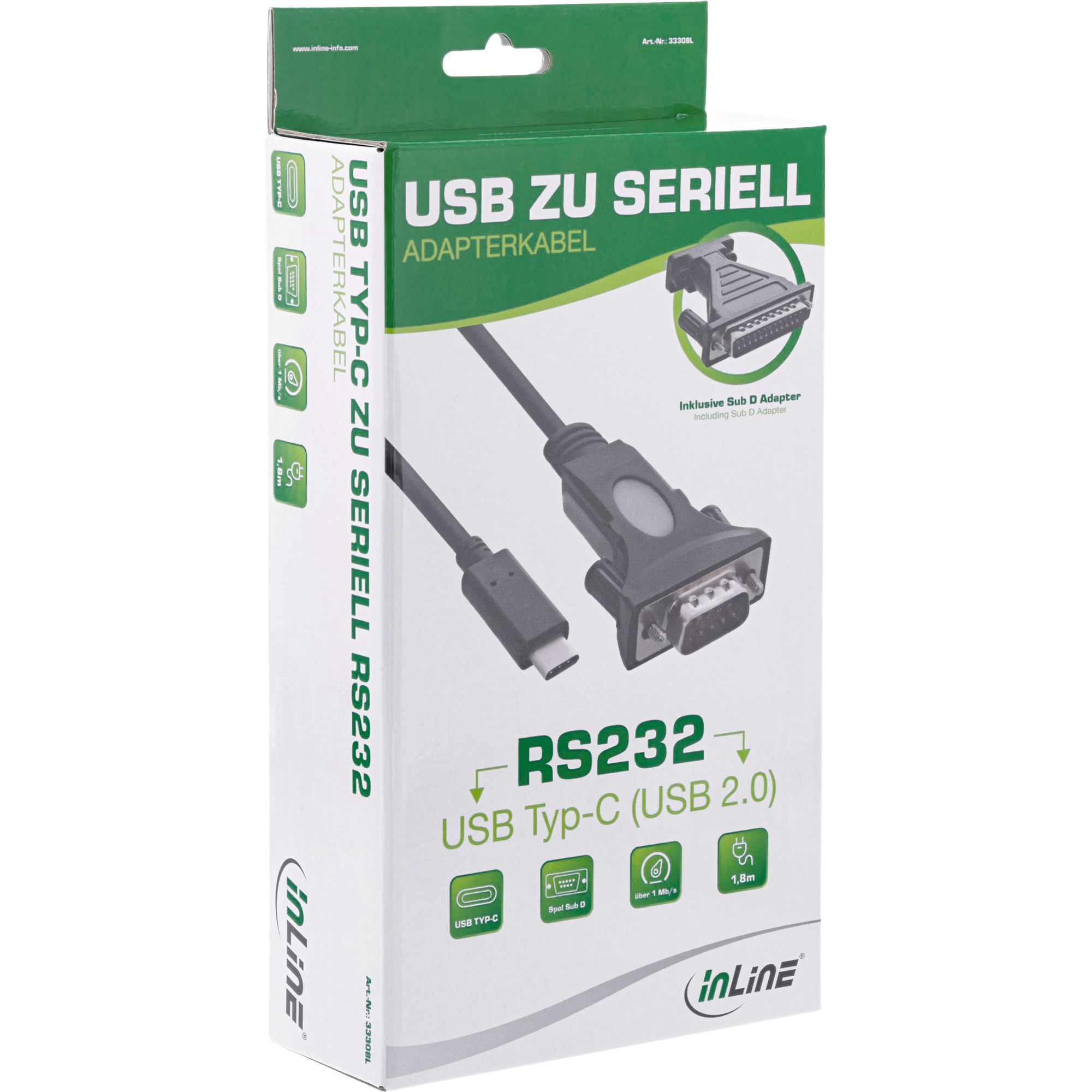 USB Typ-C-zu-Seriell-RS232-Adapterkabel mit USB-Typ-C-Anschluss und DB9-Anschluss.