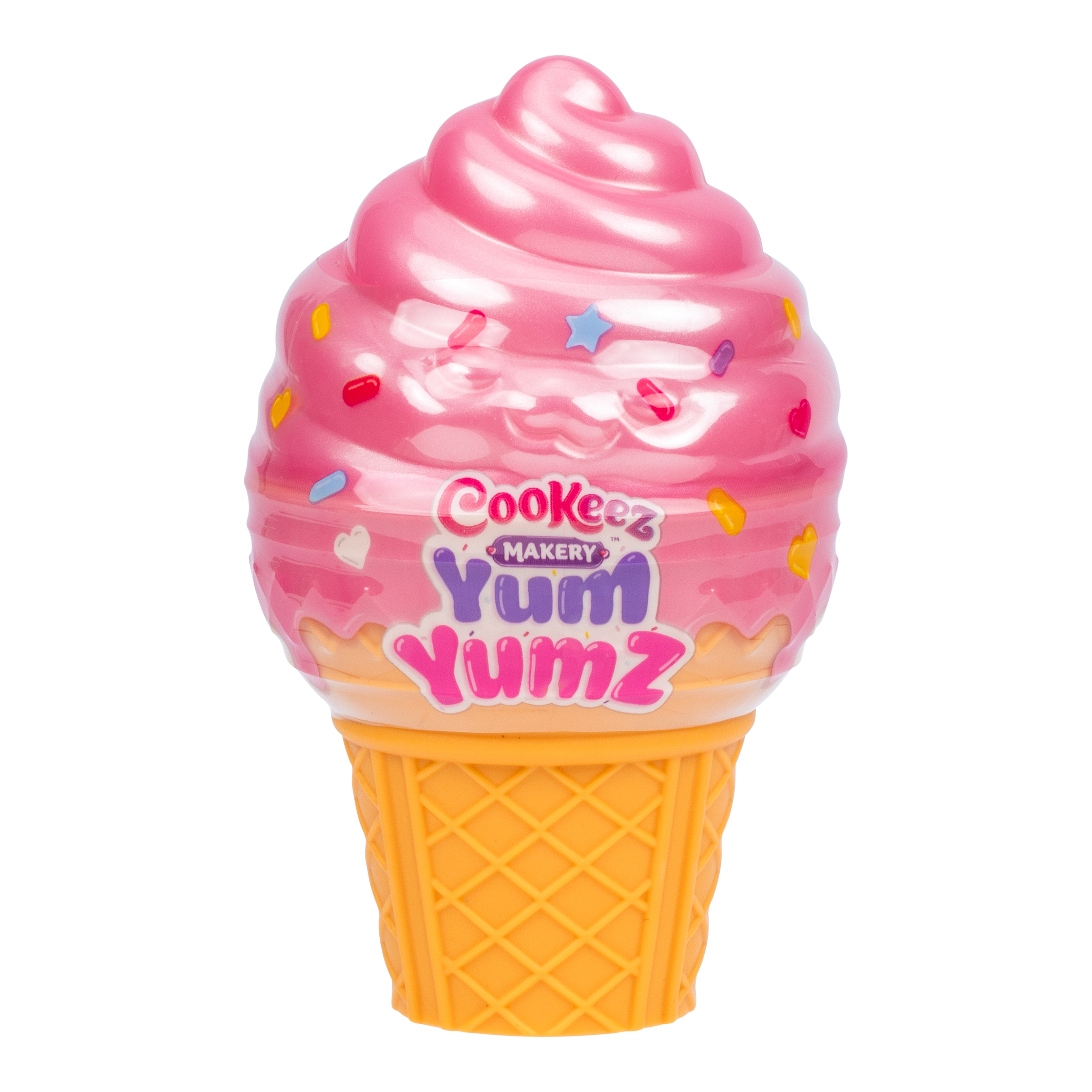 Cono de helado rosa con chispas. El cono es amarillo y el helado rosa.