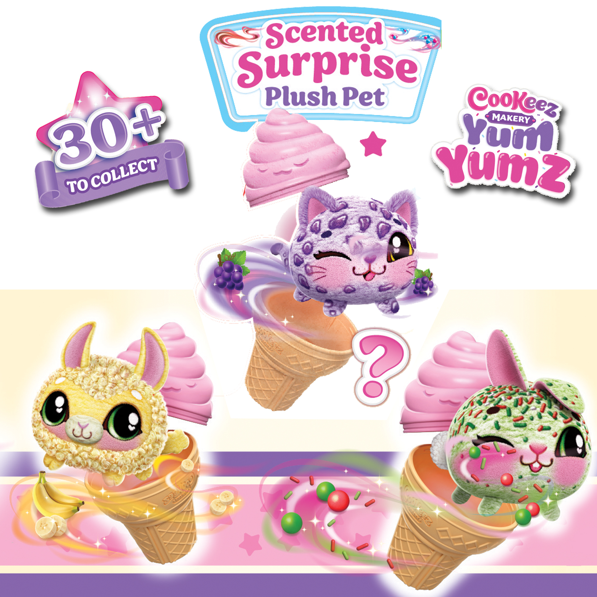 Juguetes Scented Surprise Plush Pet. Varios animales de peluche en conos de helado y logotipos de productos.