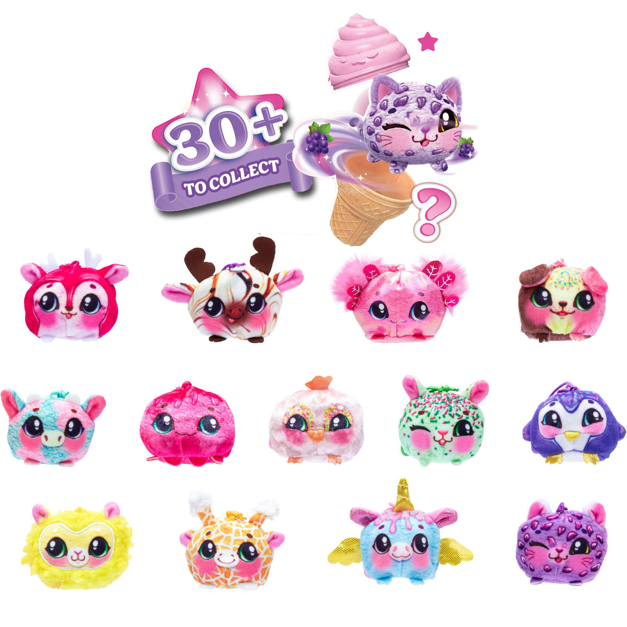 Varios juguetes de peluche coloridos. Algunos tienen temática de helado. Una pancarta dice '30+ para coleccionar'.