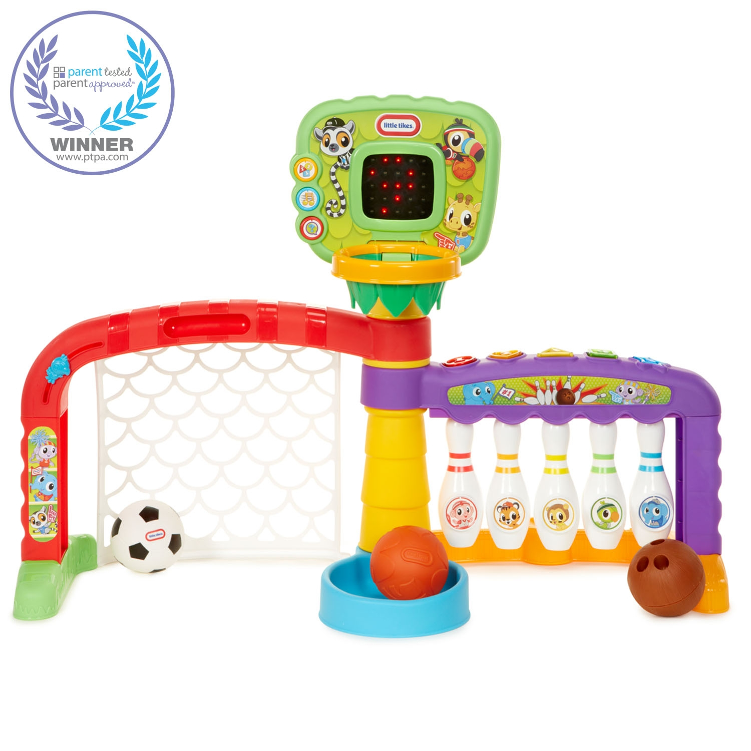 Un juguete deportivo Little Tikes. Incluye un aro de baloncesto, una portería de fútbol y bolos, con un niño.