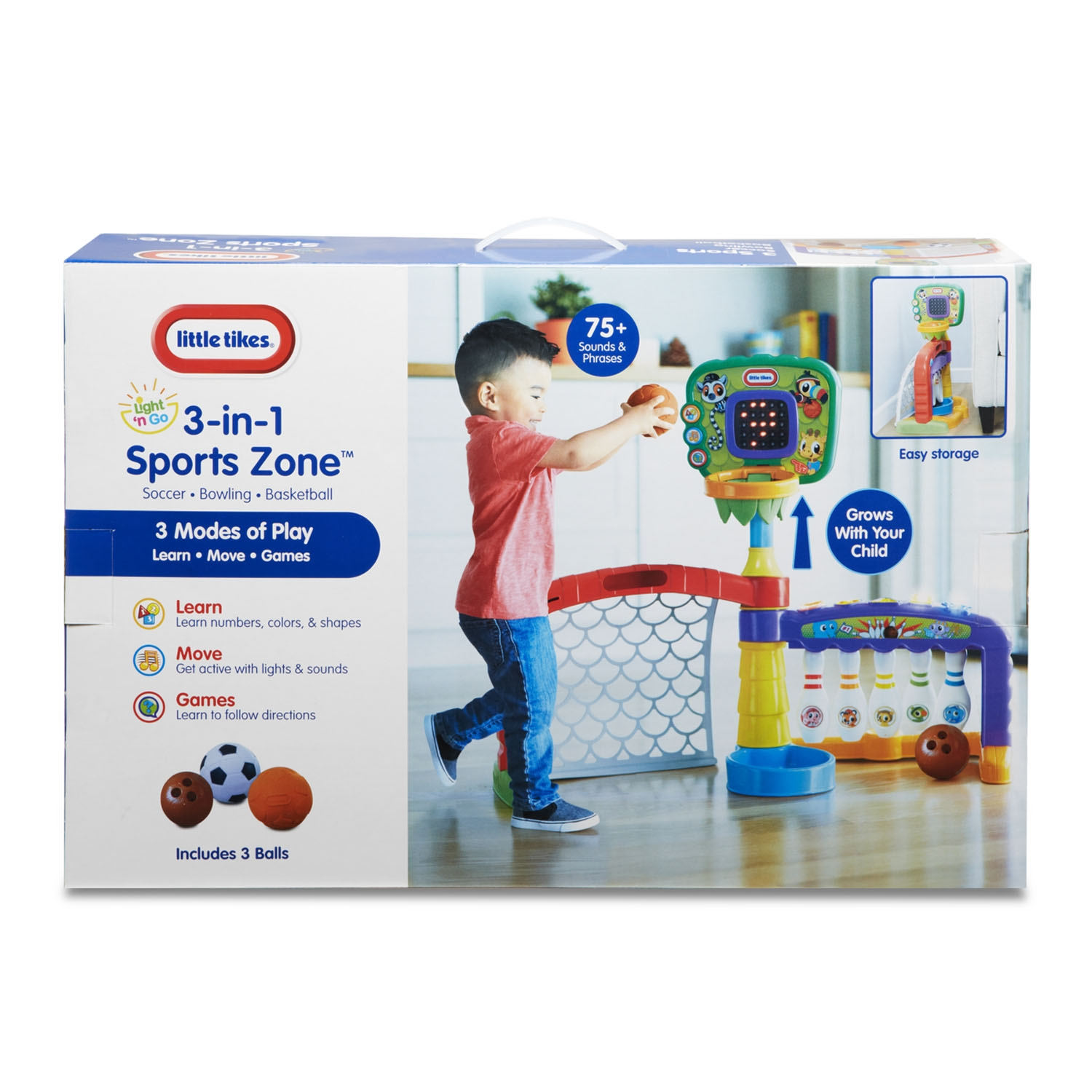 Caja Little Tikes 3 en 1 Sports Zone con un niño jugando. Incluye fútbol, bolos y baloncesto.