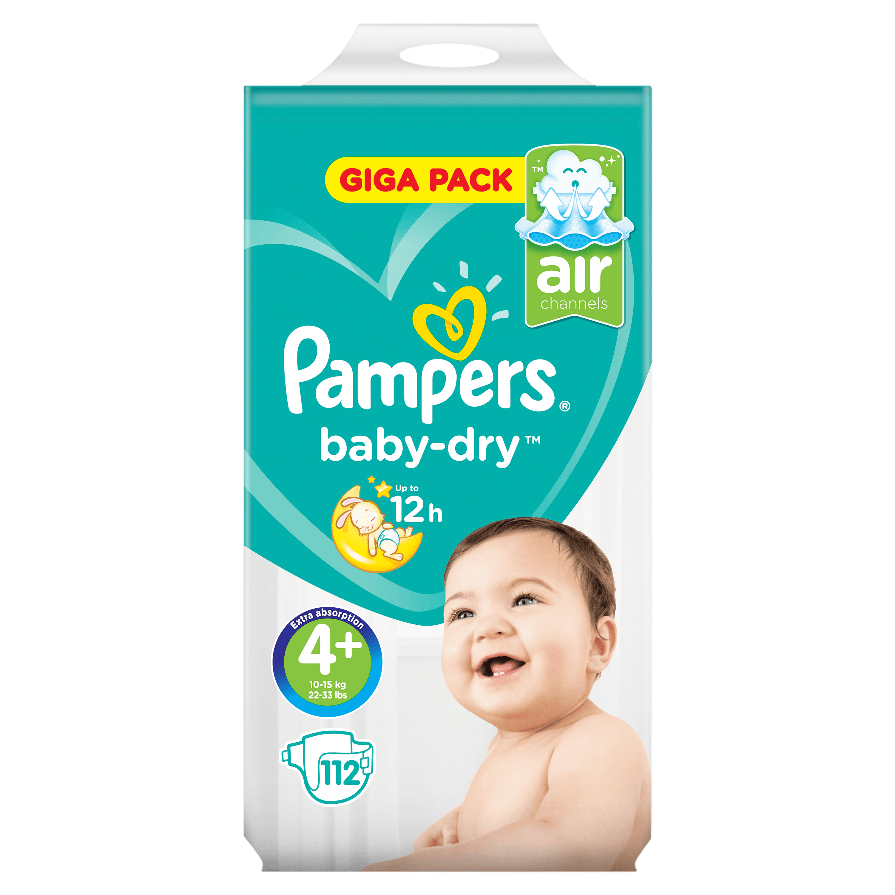 Opakowanie pieluch Pampers Baby-Dry z uśmiechniętym dzieckiem, rozmiar 4+. Zielone i białe opakowanie.