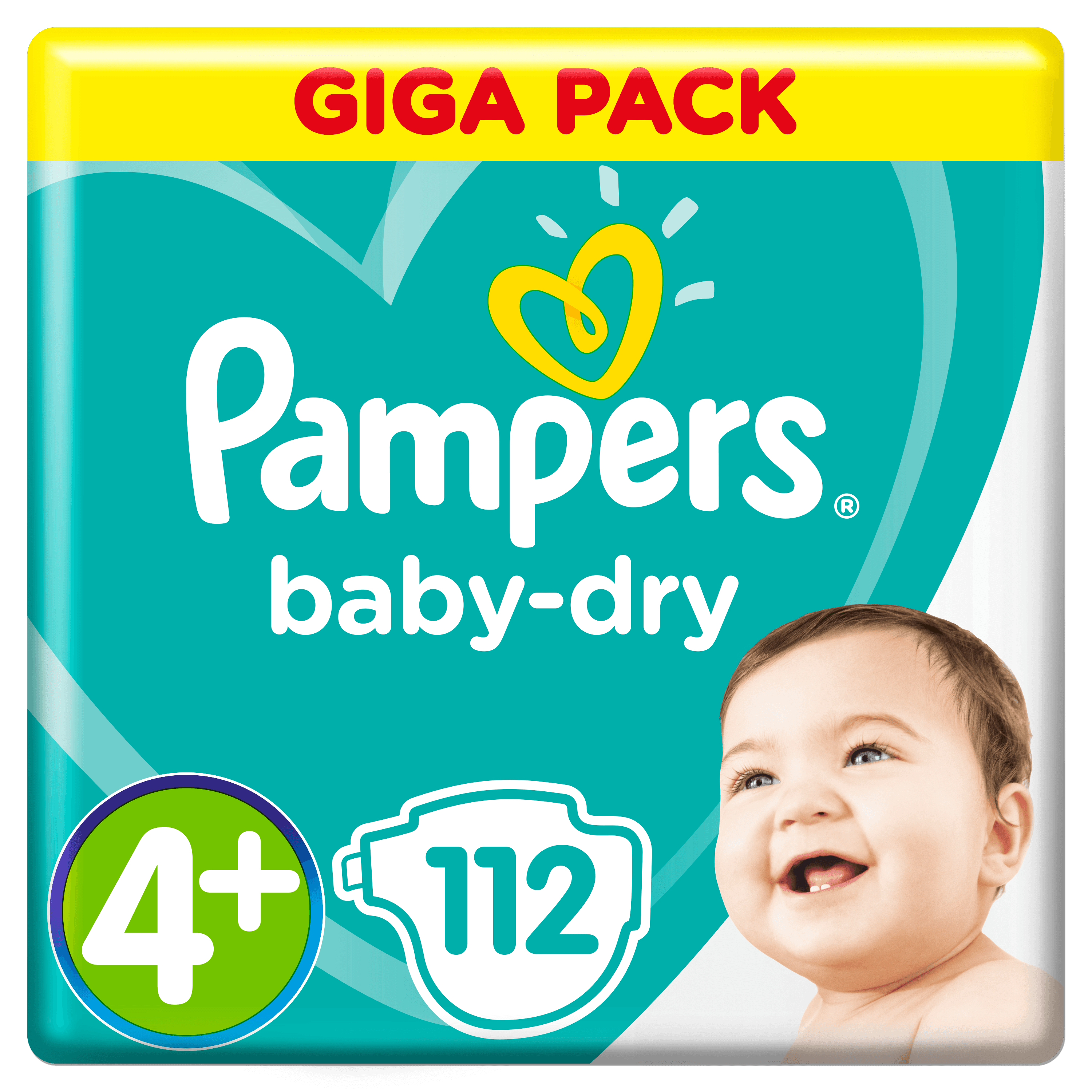 Opakowanie Pampers Baby-Dry z twarzą dziecka, numer 4+ i numer 112.
