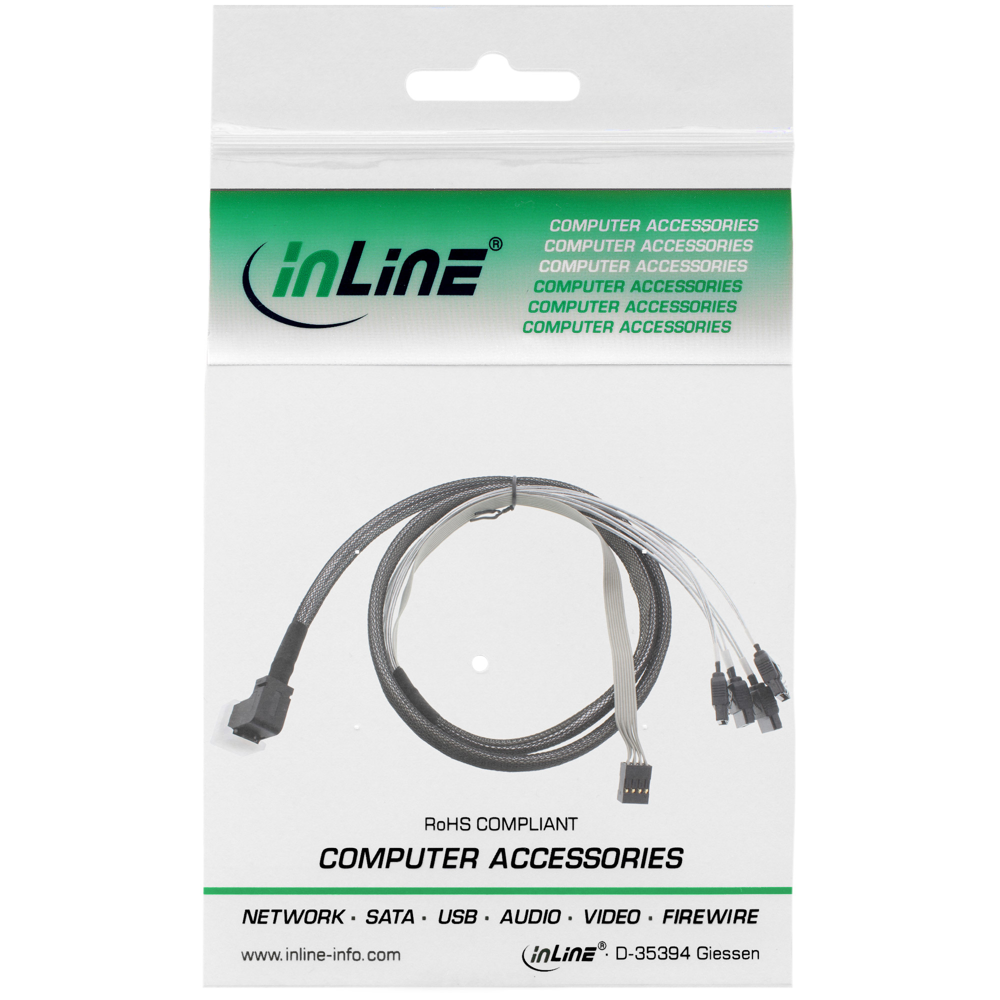 Ein Computerkabel in einer Plastikverpackung mit 'inLine'-Logo und Text 'Computer Zubehör'.