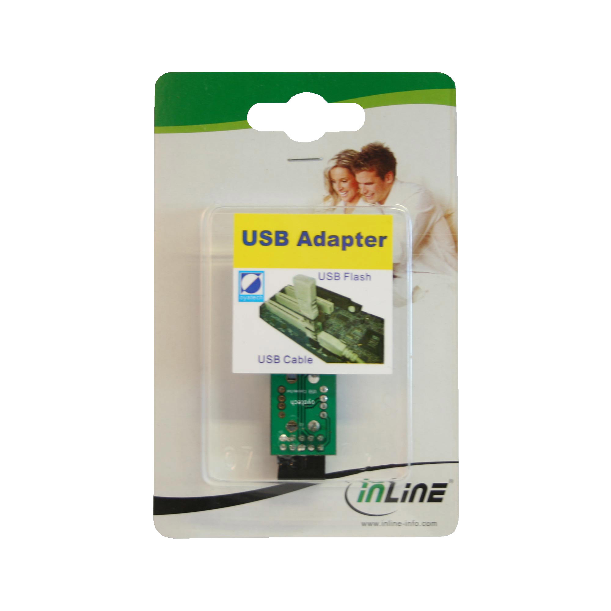 USB-Adapter in transparenter Verpackung. Mit inLine-Logo und Produkttext.