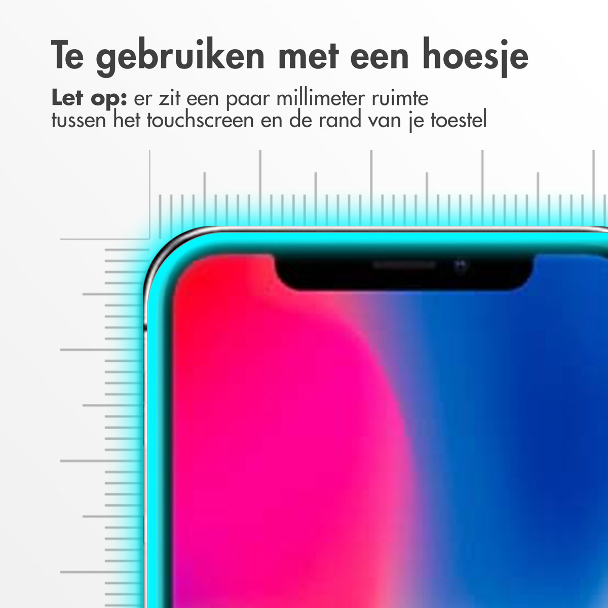 Écran et étui du téléphone. Texte : Utilisez-le avec un étui. Un peu d'espace entre l'écran et l'étui.