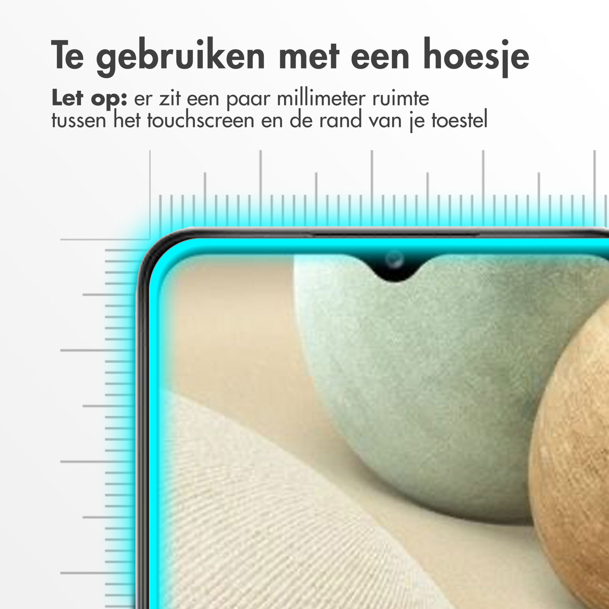 Un écran de téléphone portable montrant un bord noir. Le texte ci-dessus indique : 'À utiliser avec un étui'.