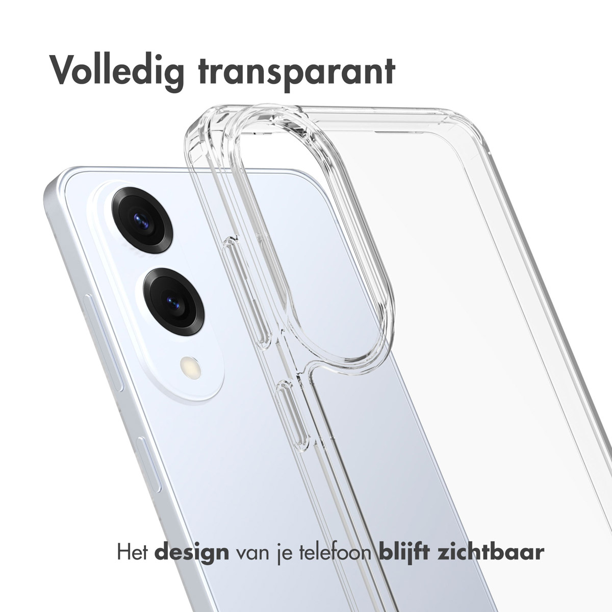 Telefoonhoesje met transparant ontwerp, dat de achterkant en de camera van de telefoon laat zien.
