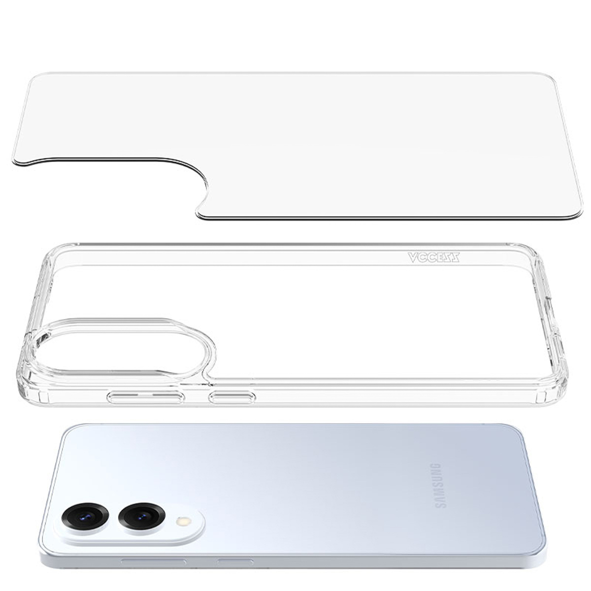Een telefoon, schermbeschermer en hoesje. De telefoon zit in het hoesje.