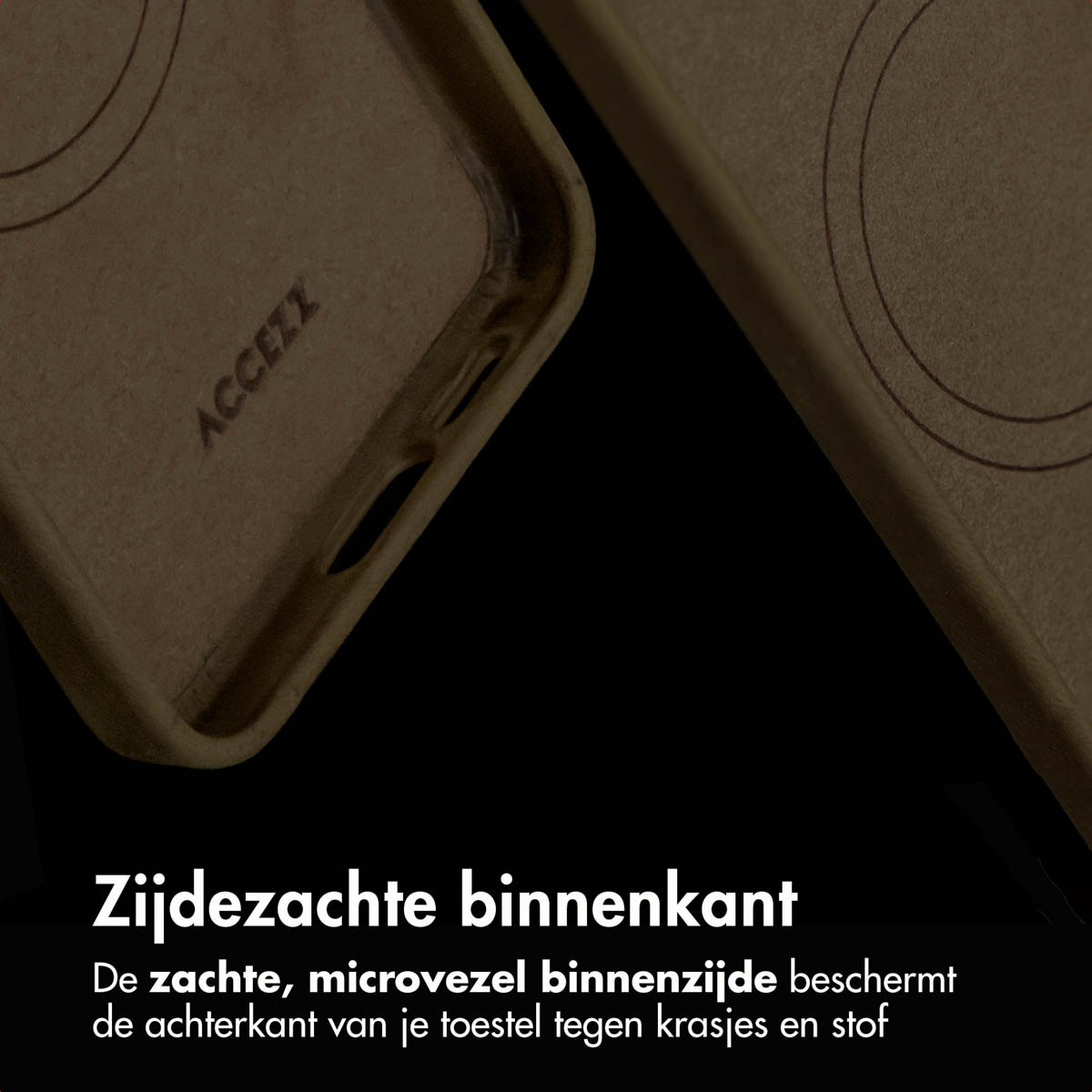 Close-up van een telefoonhoesje met Acczezz-logo. De binnenkant is zacht om de telefoon te beschermen.