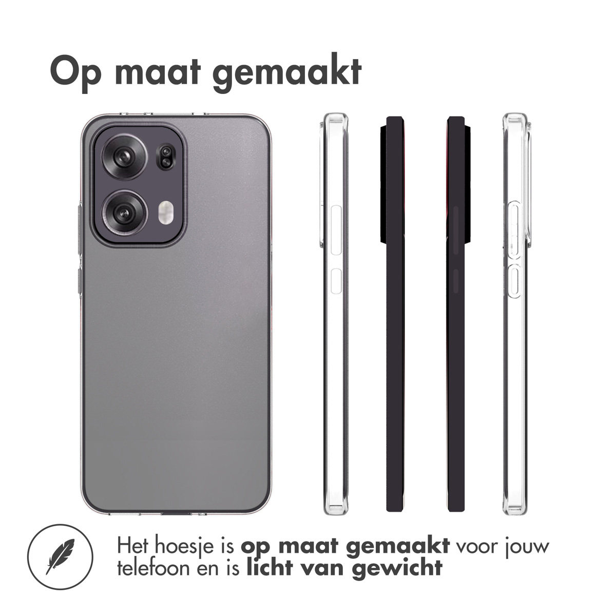 Telefoonhoes met telefoon. Meerdere weergaven van de hoes. Witte achtergrond, tekst onderaan.