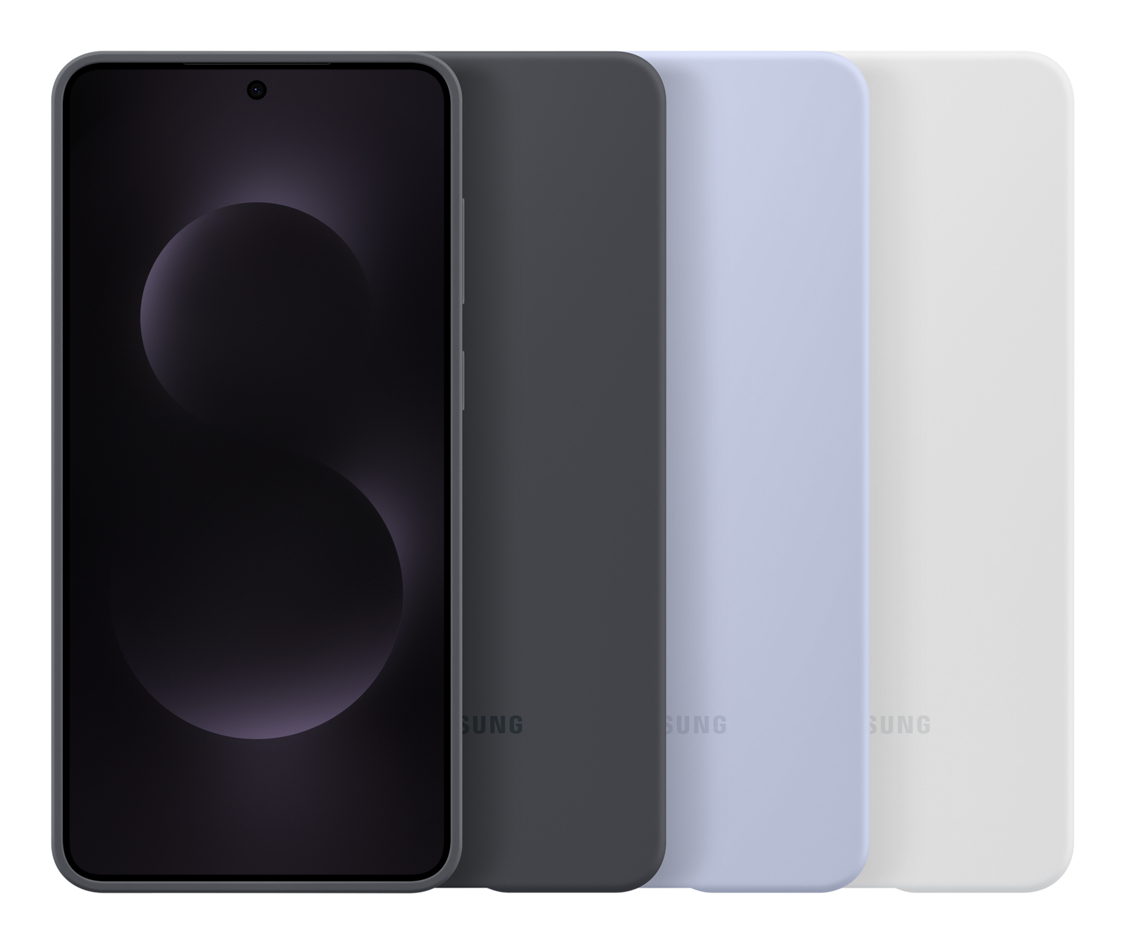 Trois coques et un téléphone. Fond sombre. Téléphone avec une forme de S.