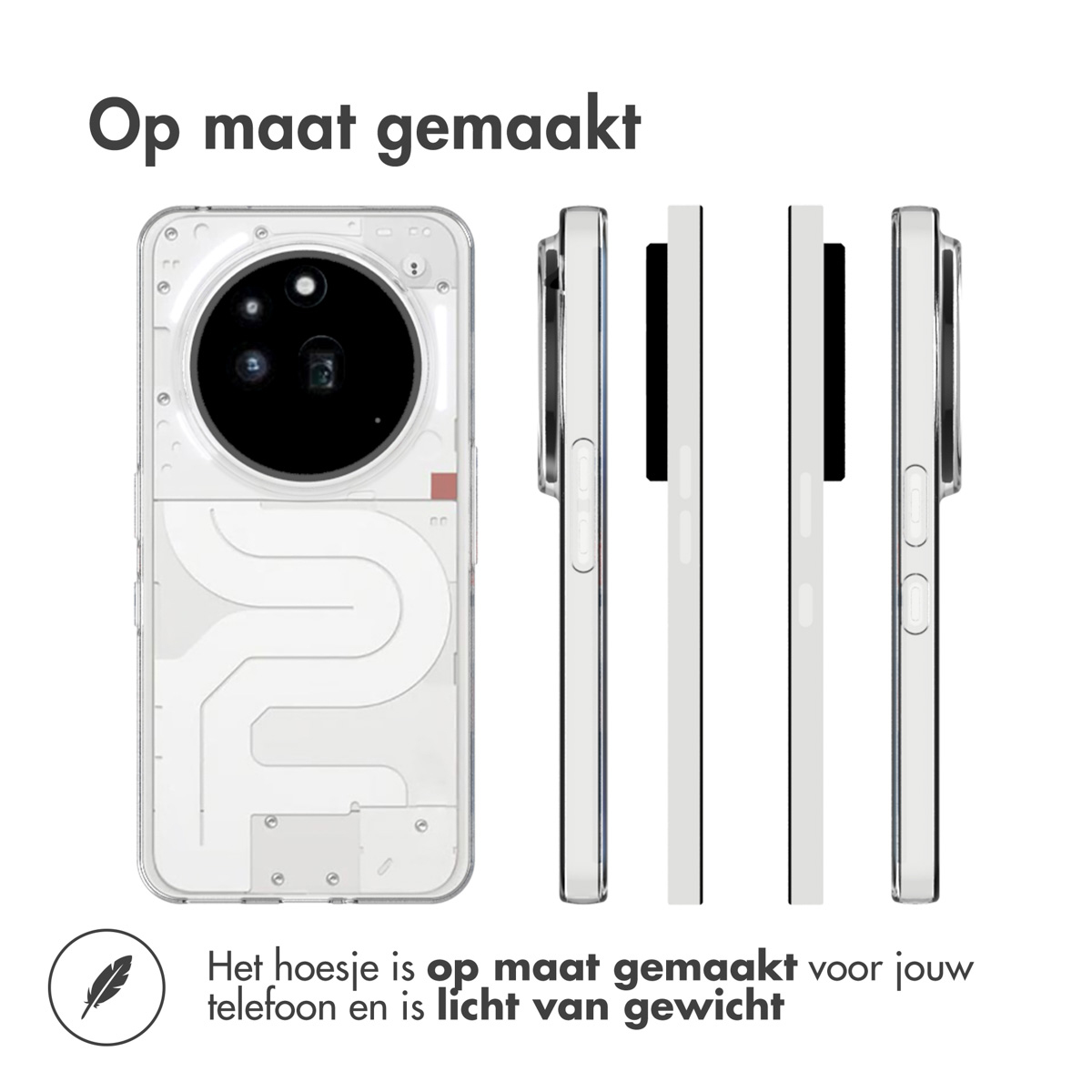 Vier aanzichten van een telefoonhoesje, met tekst in het Nederlands. De telefoon heeft een doorzichtige achterkant en een wit frame.