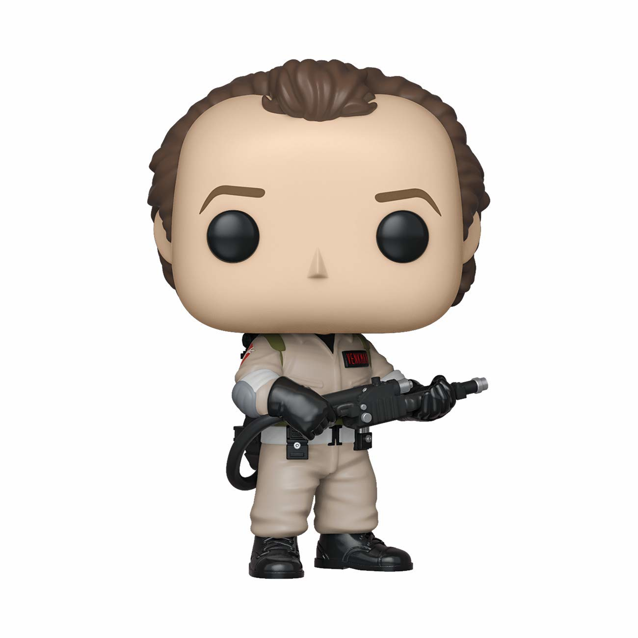 Eine Ghostbusters Funko Pop-Figur eines Mannes, der ein Protonenpack hält. Er trägt einen beigefarbenen Overall.