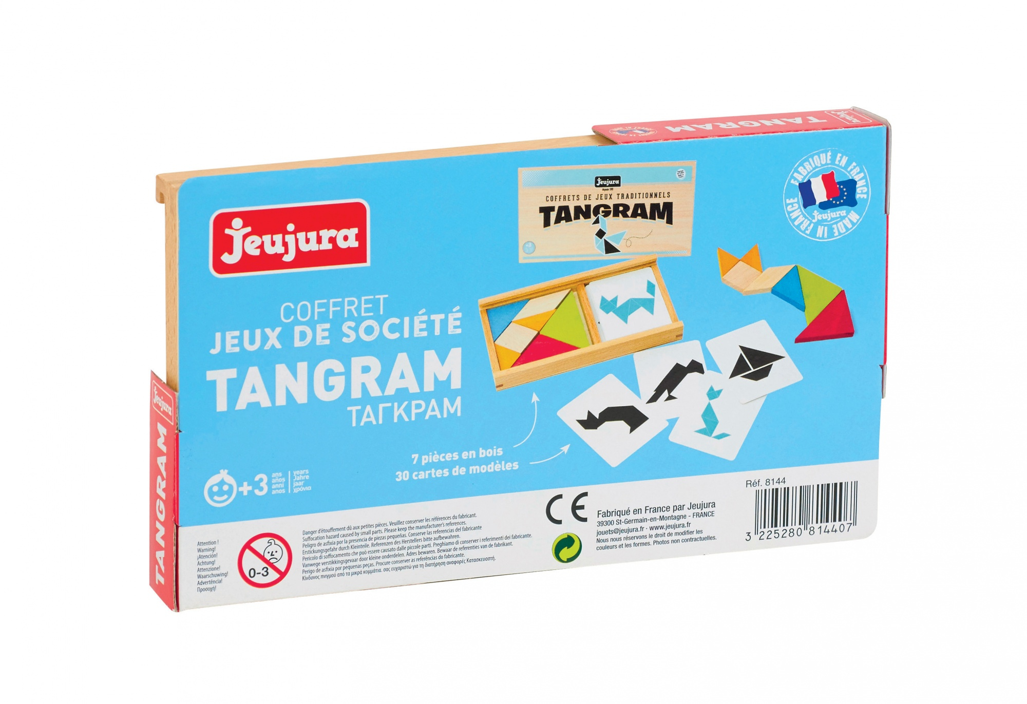 Tył pudełka Jeujura Tangram. Pokazuje kolorowe elementy tangramu, diagramy i tekst na niebieskim tle.