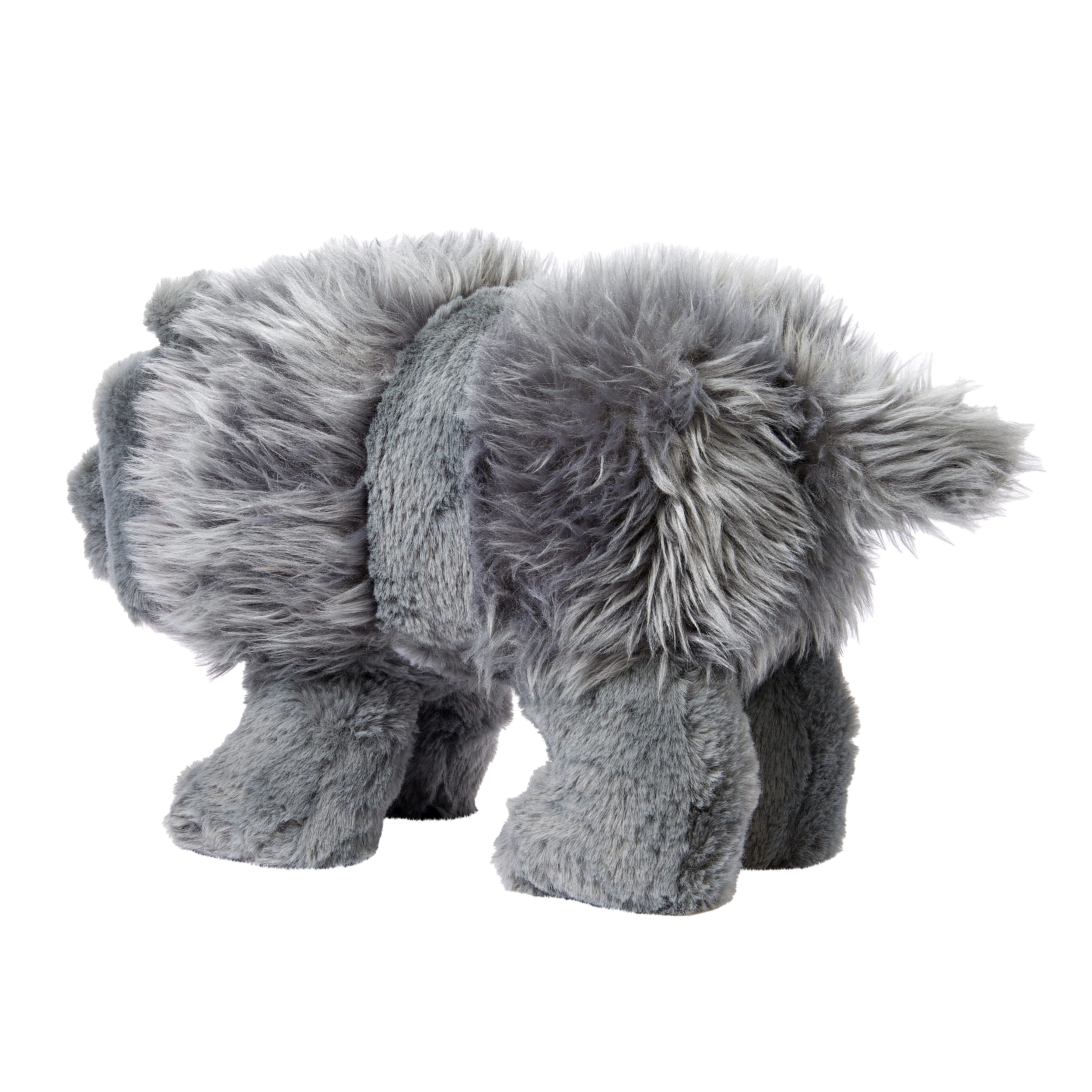 Cane di peluche grigio, visto da dietro. Ha la pelliccia soffice e si trova su sfondo bianco.