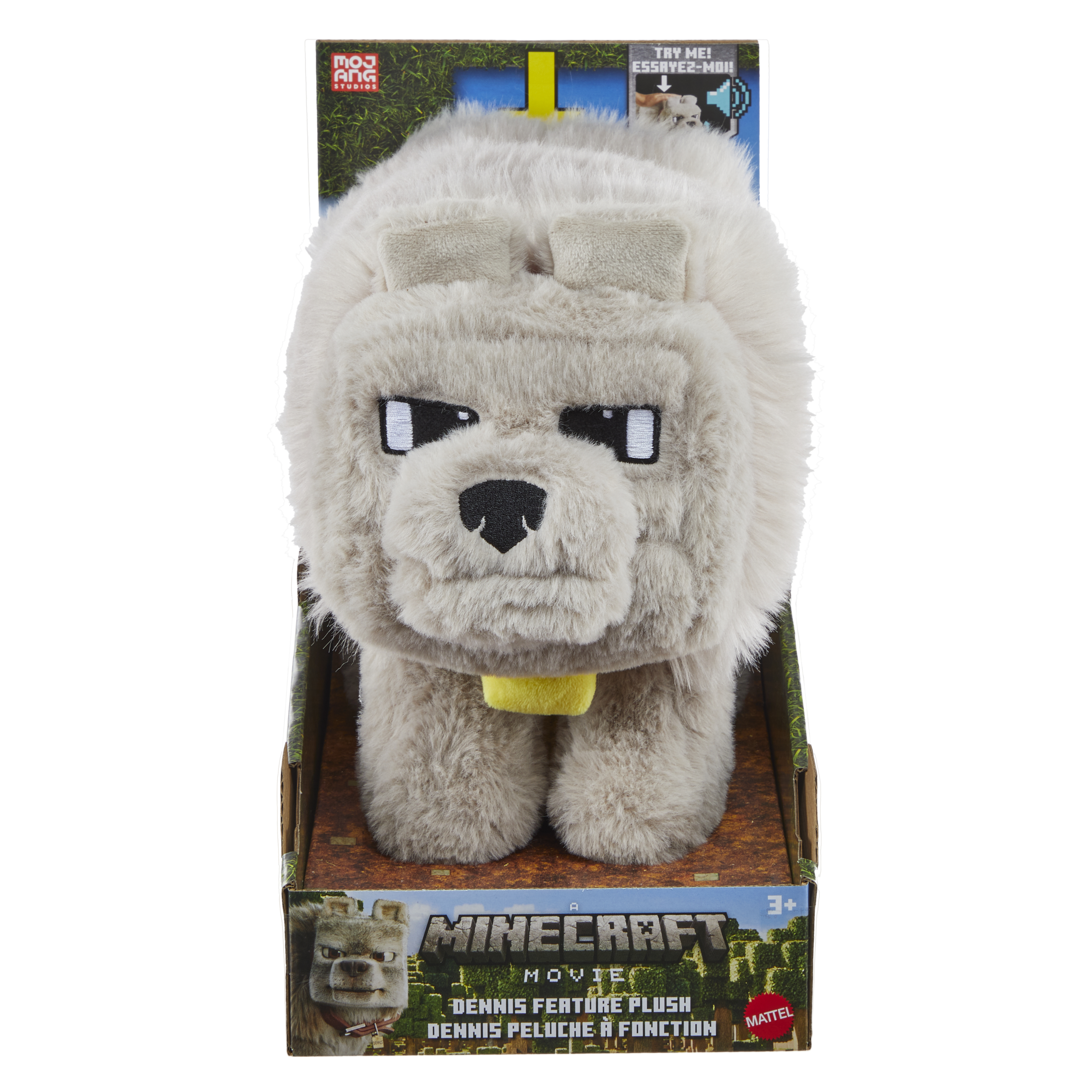 Un peluche di Dennis di Minecraft in una scatola di cartone.