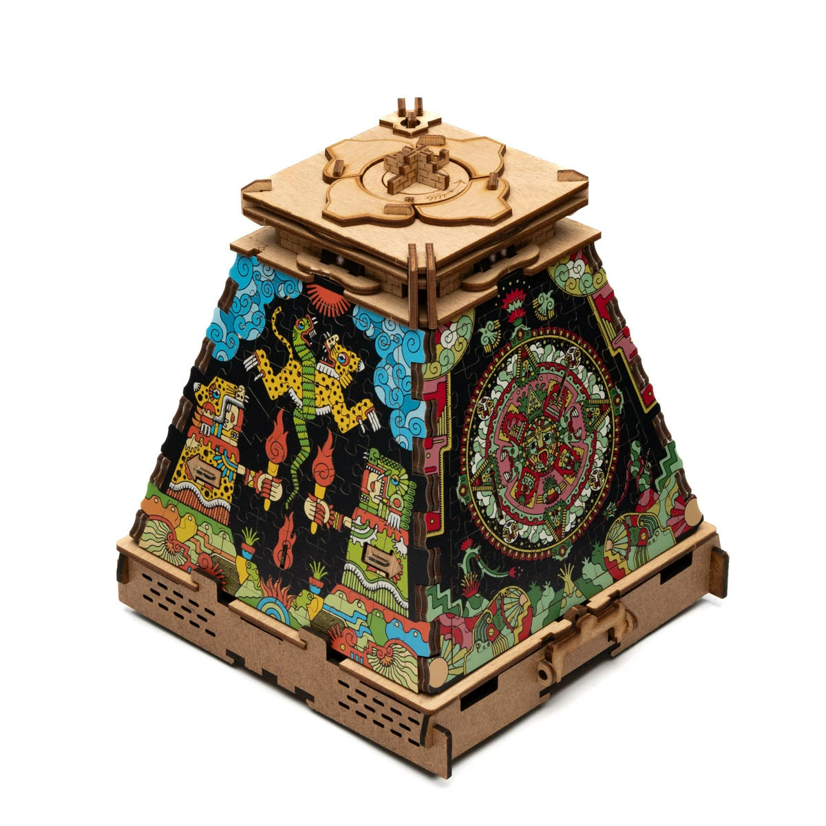 Holzpuzzle-Box mit farbenfrohem Azteken-Design. Das Puzzle hat eine Pyramidenform.
