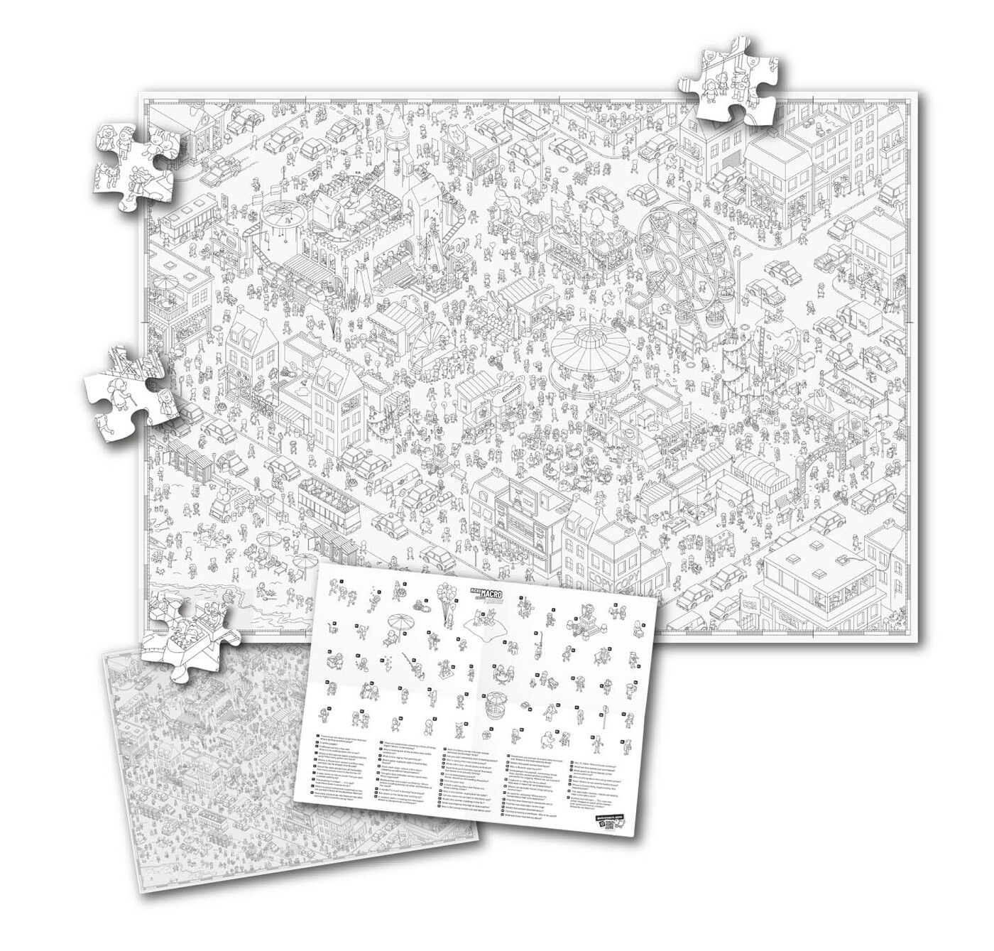 Ein großes Puzzle mit einer Stadtszene. Mehrere Puzzleteile sind getrennt.