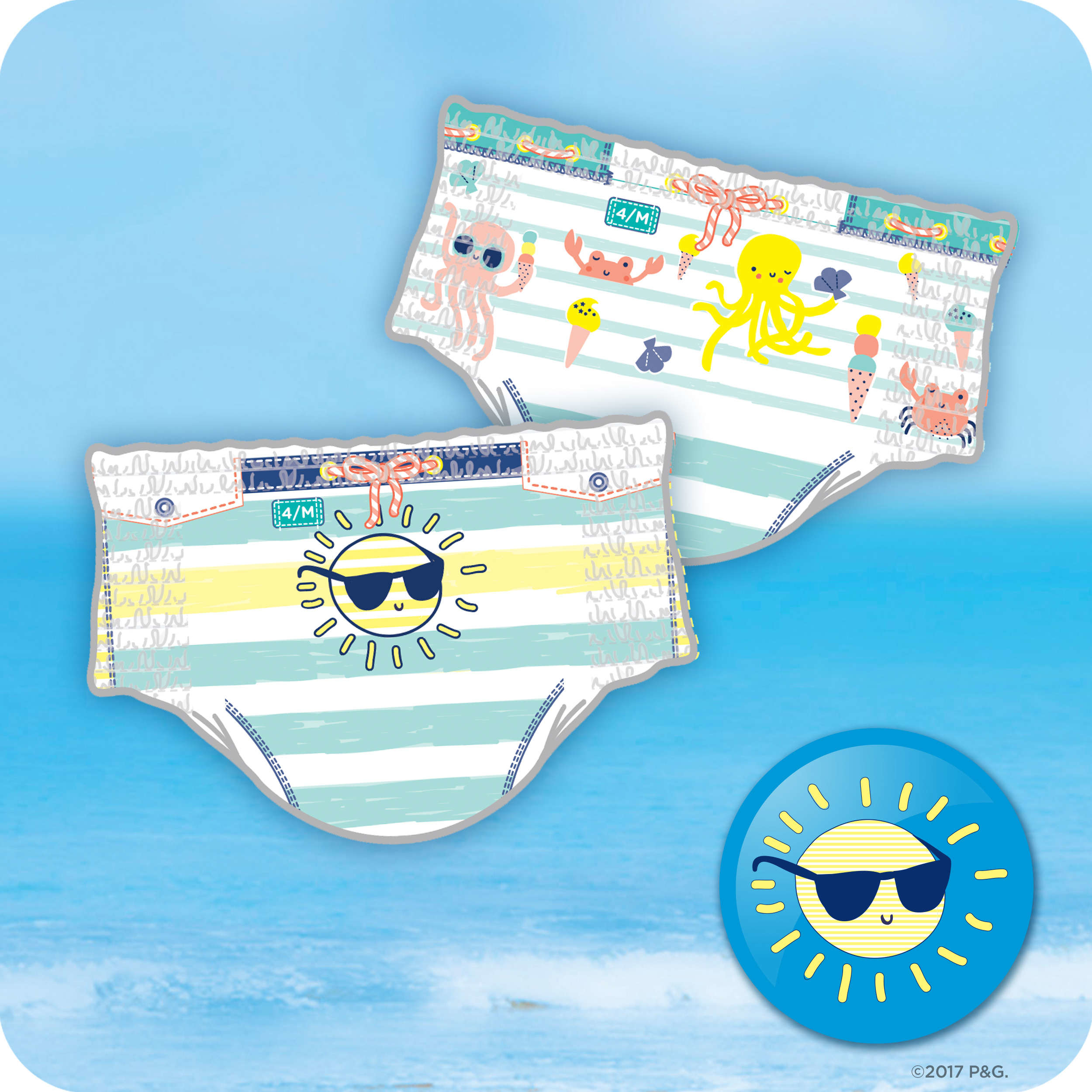 Zwei Windeln mit Meeresbewohnern. Sonnengrafik. Blauer Hintergrund. Illustration einer Sonne mit Sonnenbrille vorhanden.