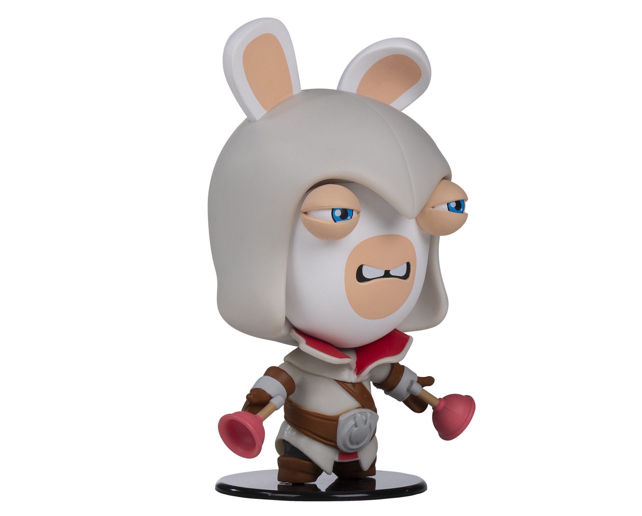 Eine Rabbids-Figur mit Helm und Rüstung, die Pömpel hält. Weißer Hintergrund. Die Figur ist komisch.