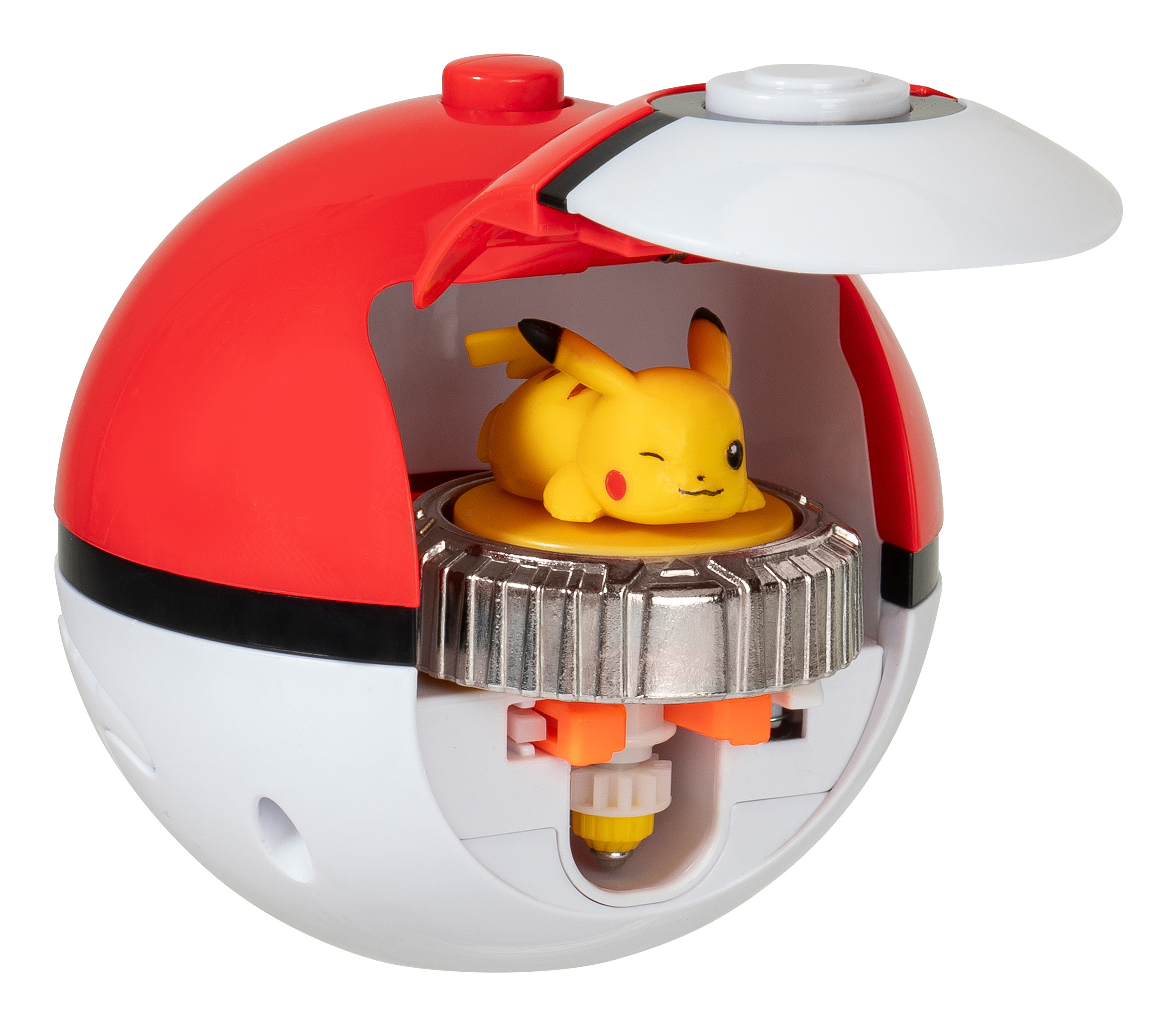 Un jouet Poké Ball rouge et blanc avec Pikachu à l'intérieur. La balle est ouverte.
