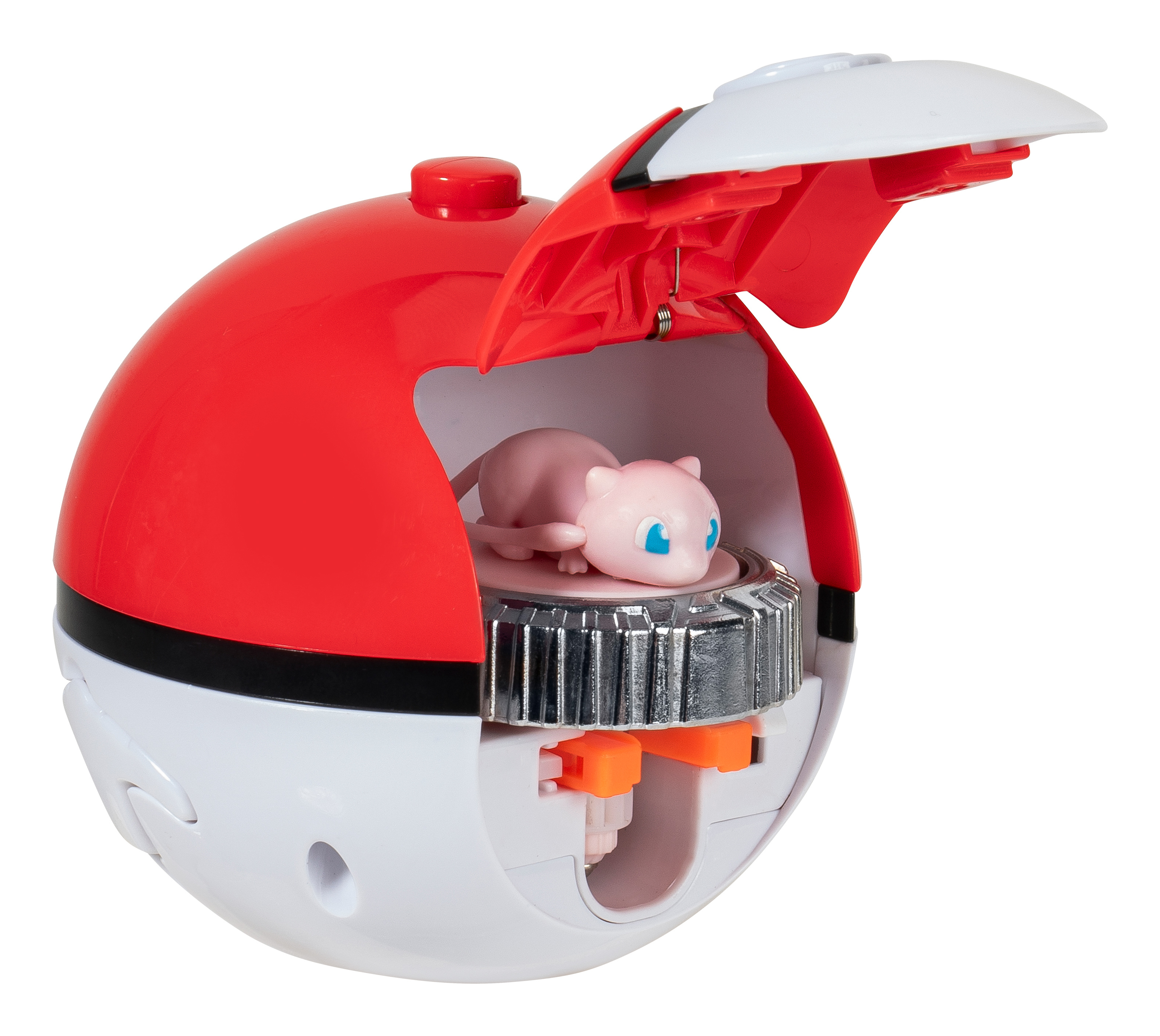 Un jouet Poké Ball rouge et blanc avec Mew à l'intérieur. La balle est ouverte.