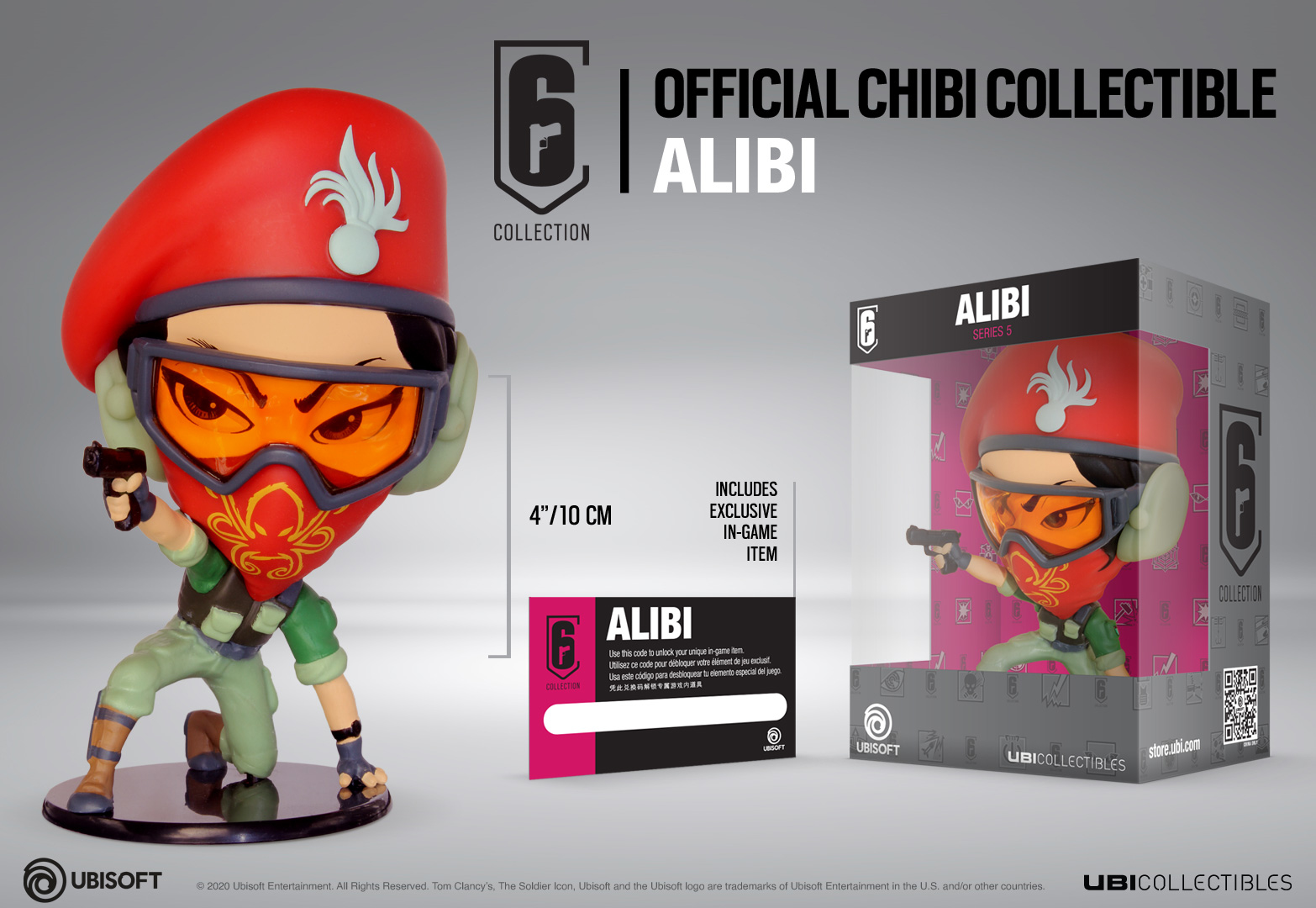 Figura Rainbow Six Siege ALIBI in scatola. Basco rosso, maschera arancione, pistola. Figurina da collezione con carta.