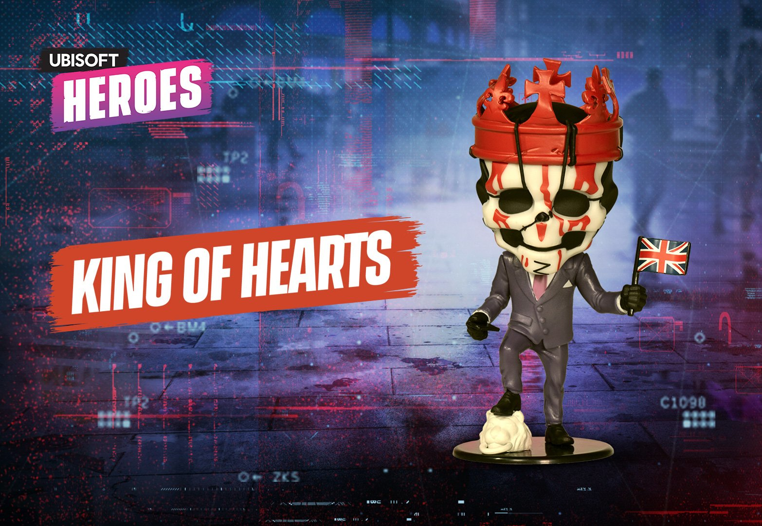 König der Herzen Figur mit roter Krone und UK-Flagge. Text: Ubisoft Heroes, König der Herzen.