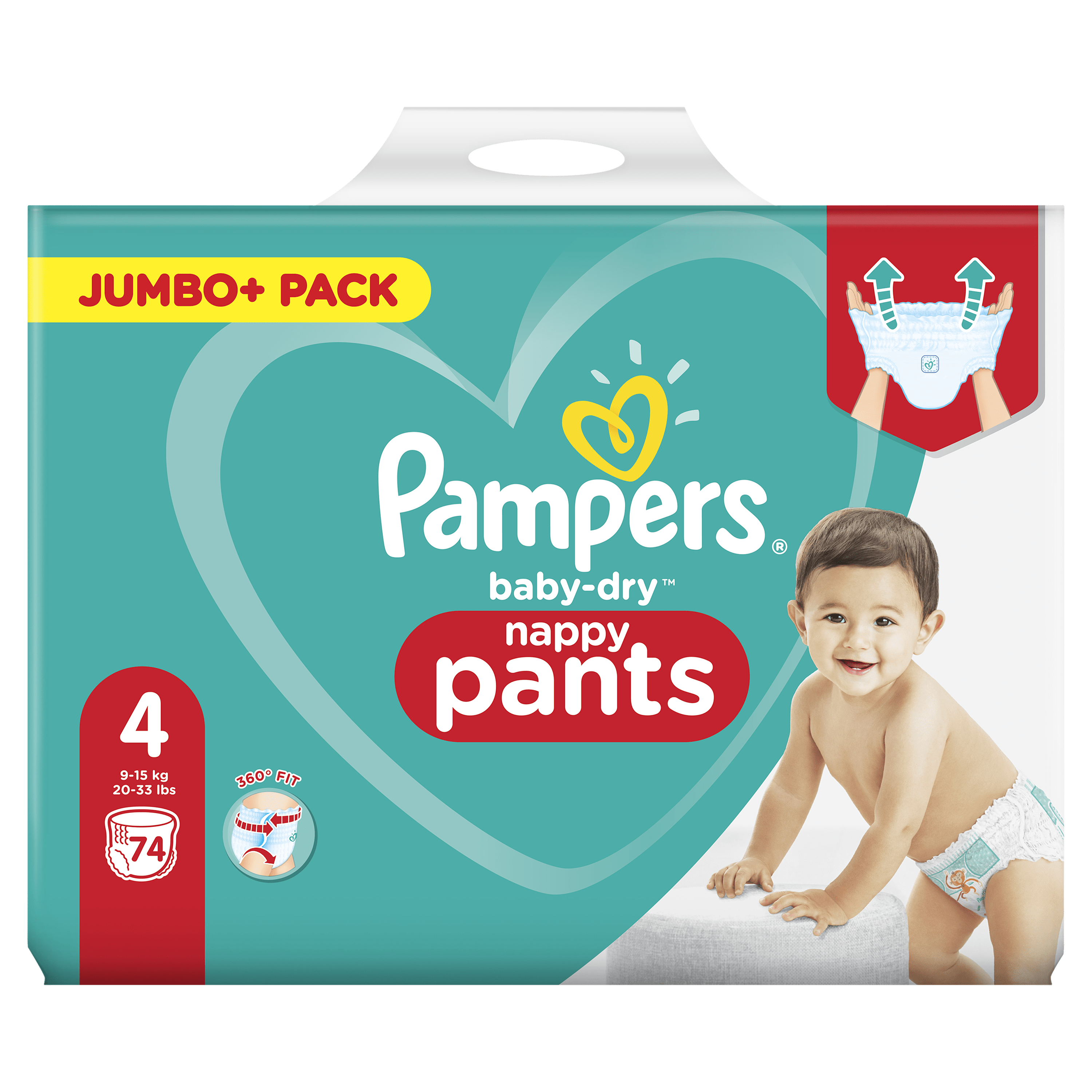 Pampers Windelhosen-Packung mit Baby. Text: Jumbo+ Pack, 4, 9-15 kg und 74. Baby spielt.