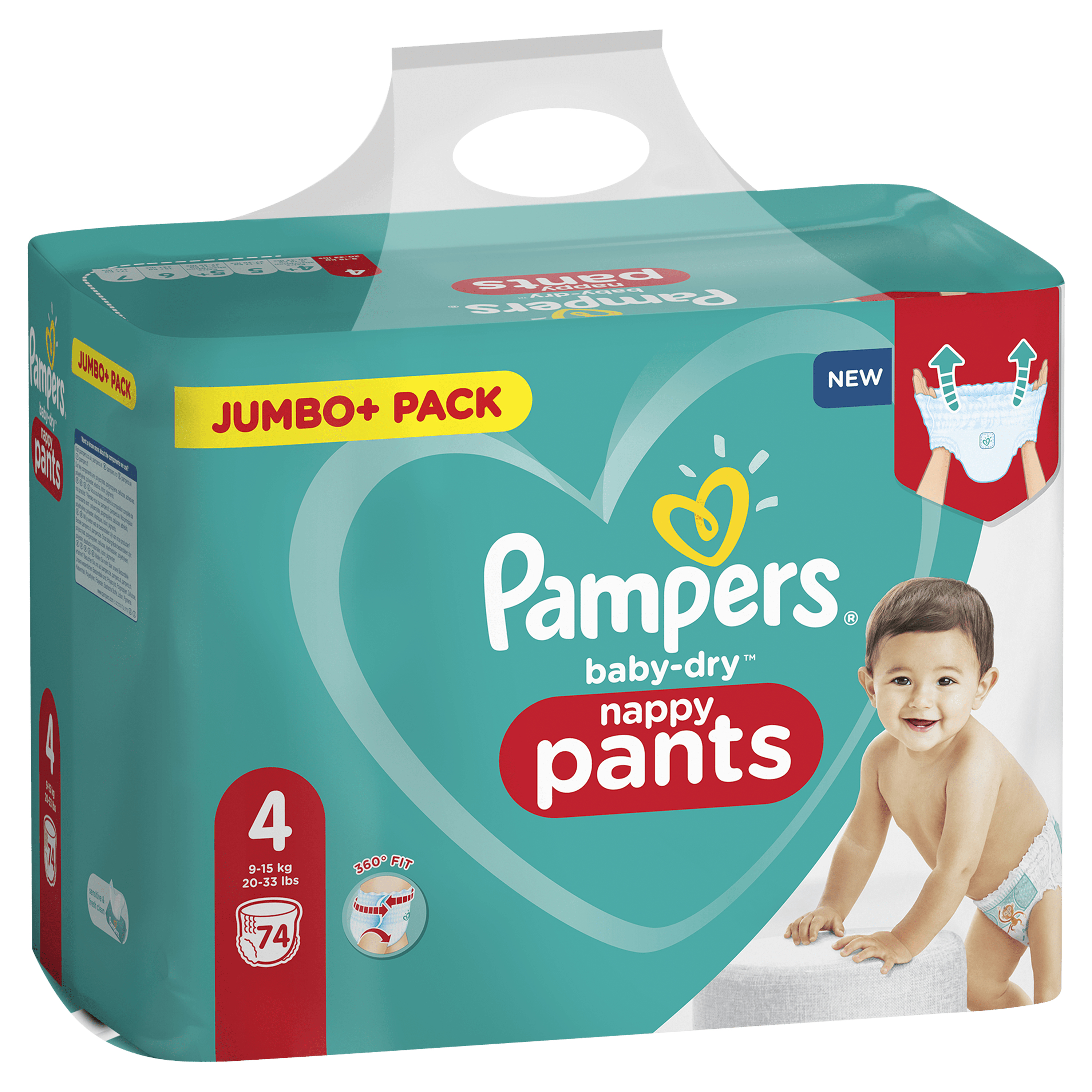 Pampers baby-dry Windel-Pants Verpackung. Lachendes Baby, Größe 4, 74 Windeln in der Packung.