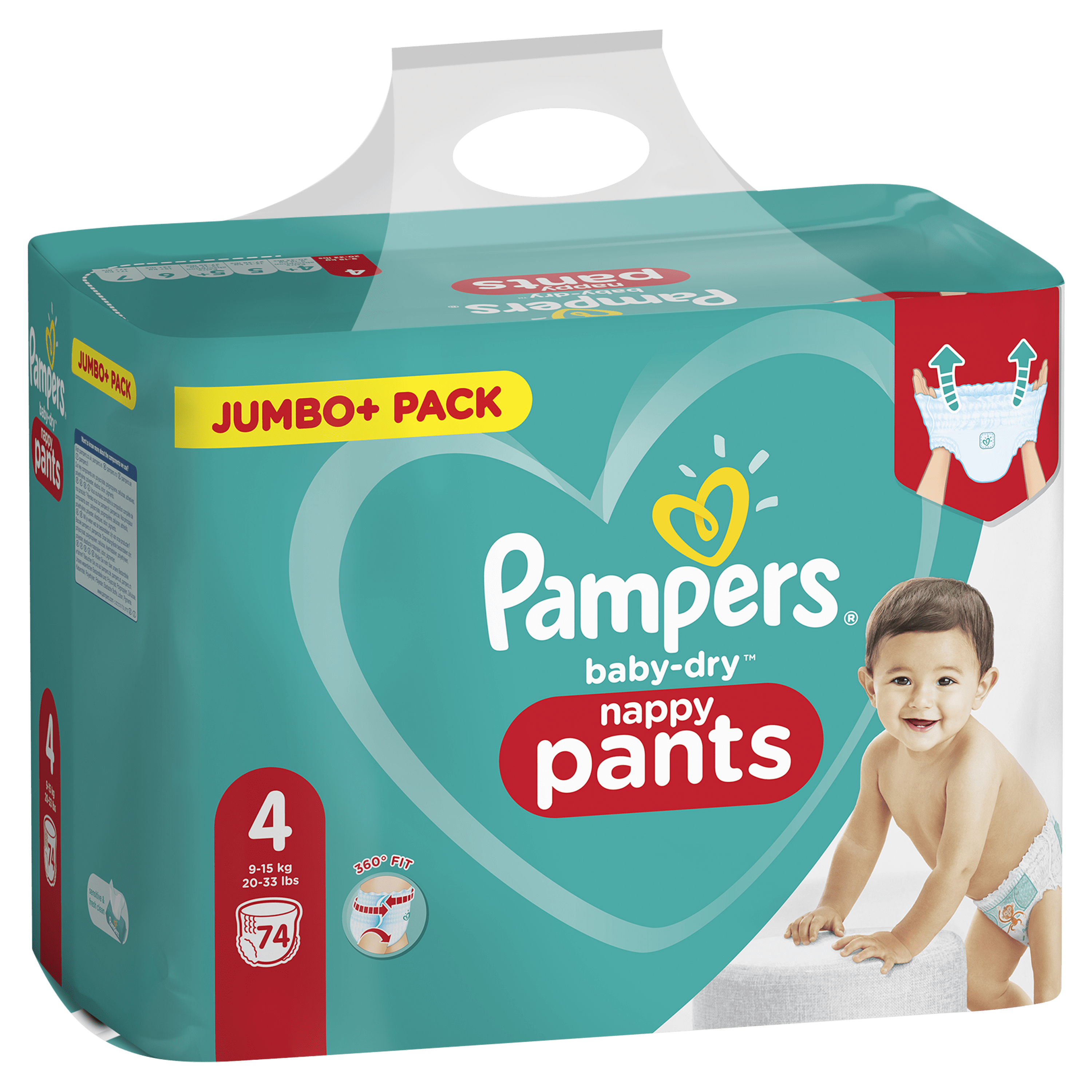 Pampers Baby-Dry Windelhosen Packung, Größe 4, mit lächelndem Baby.