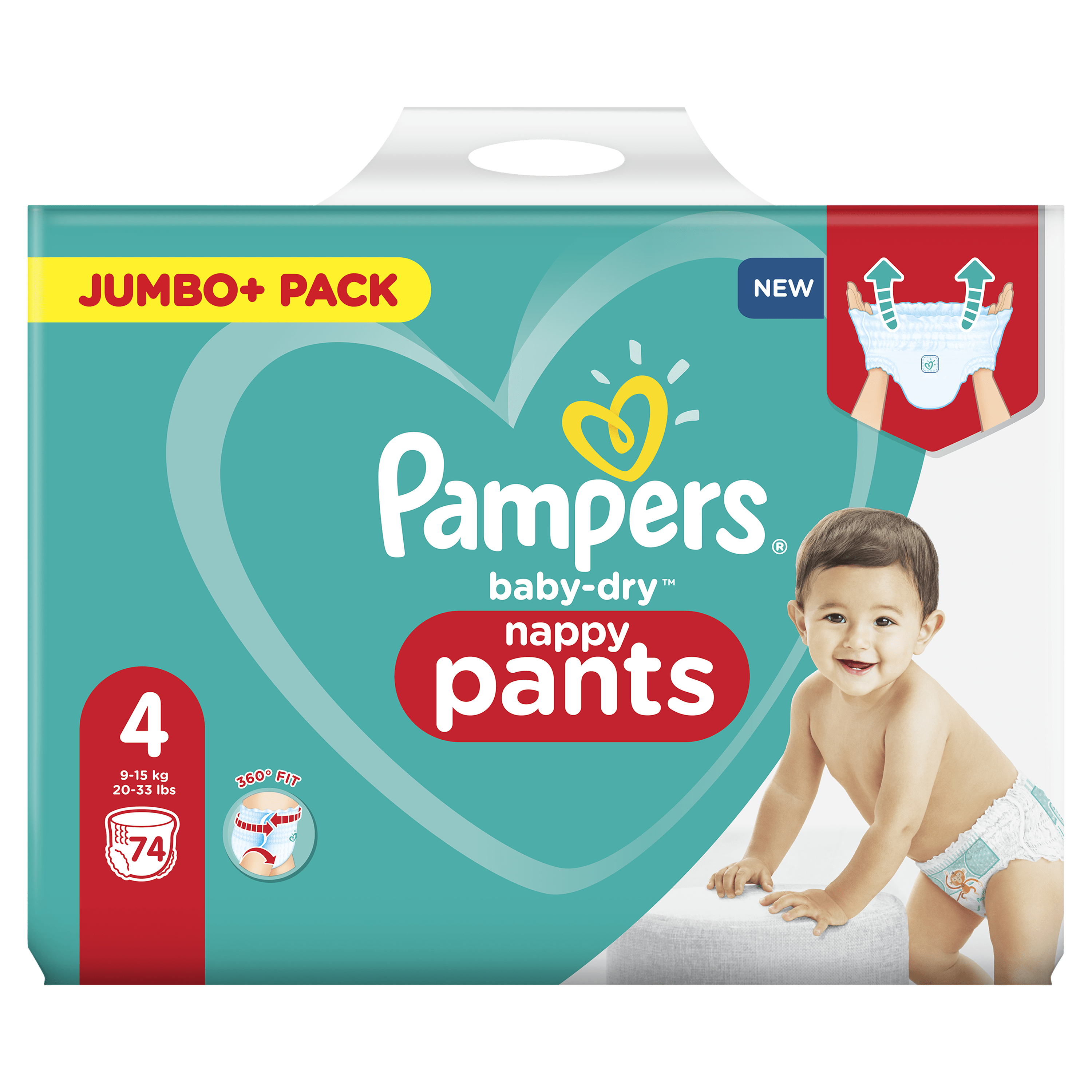Pampers Baby-Dry Nappy Pants Packung. Lächelndes Baby rechts. Packung enthält 74 Pants.