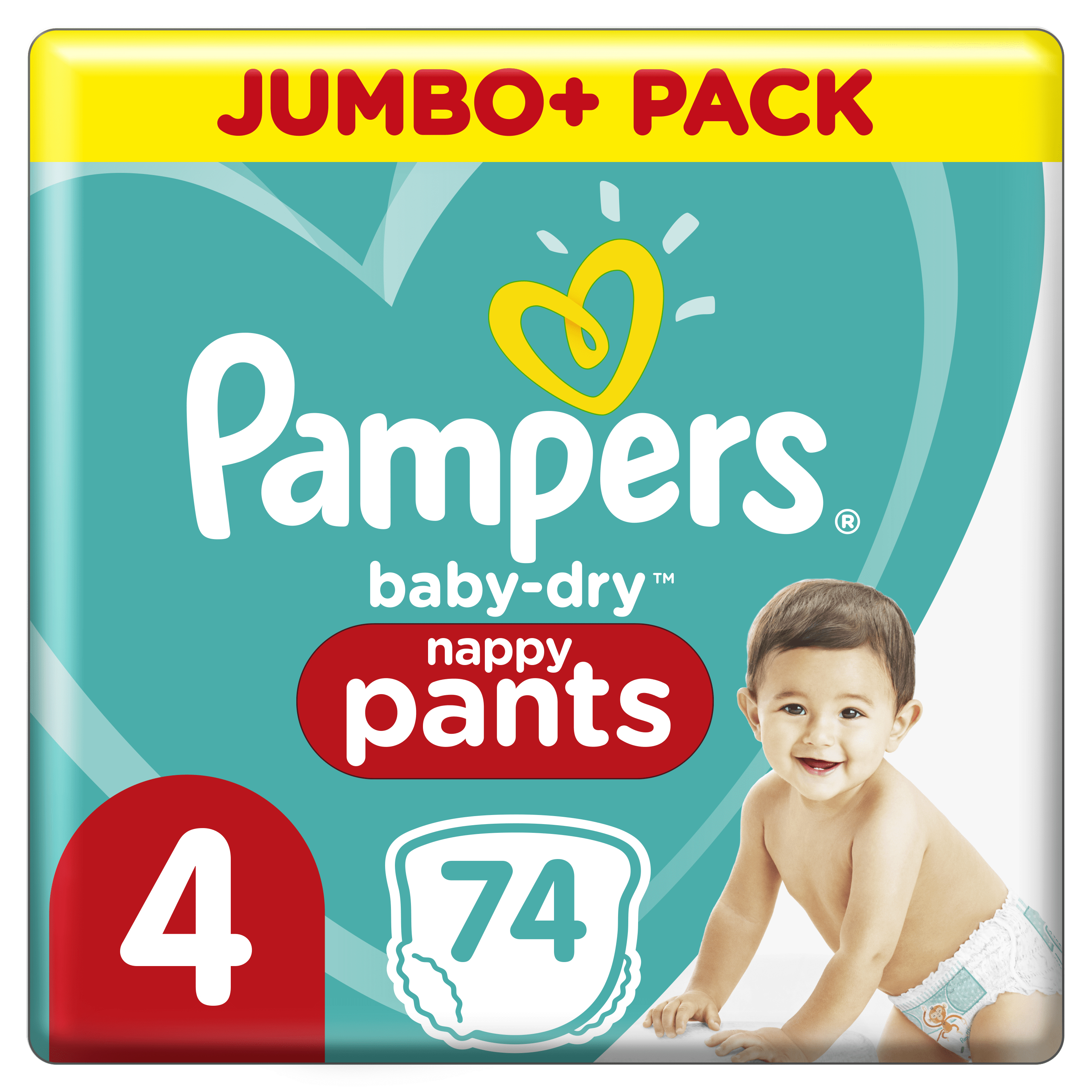 Pampers baby-dry Windelhosen-Packung mit Baby. Text: Jumbo+ Pack, 4 und 74. Baby lächelt.