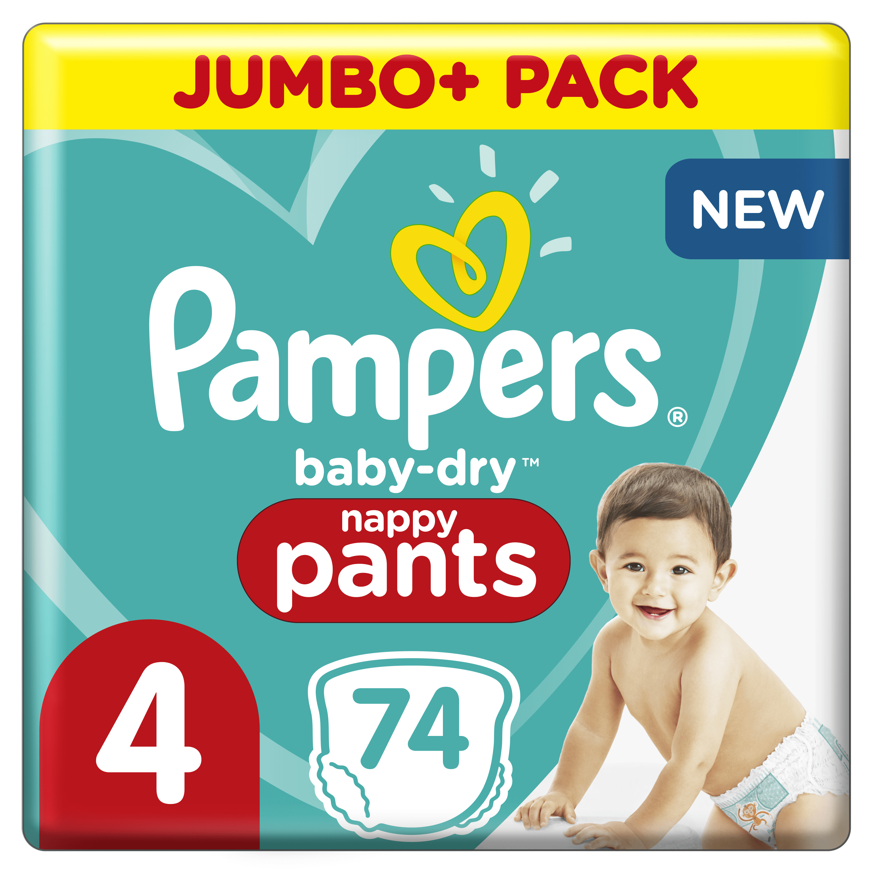 Pampers baby-dry Windel-Pants Verpackung. Lachendes Baby. Größe 4, 74 Windeln in der Packung.