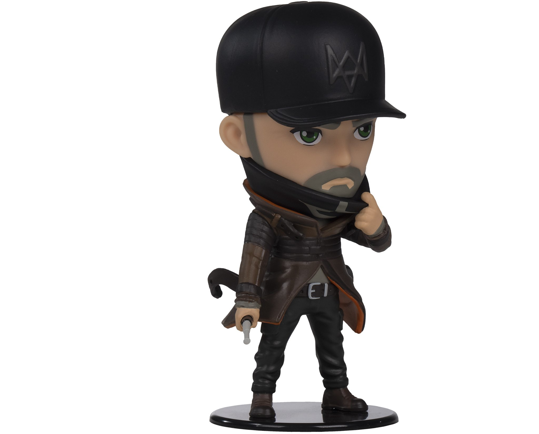 Figur eines Mannes mit Kappe, Jacke, hält einen Schlüssel.