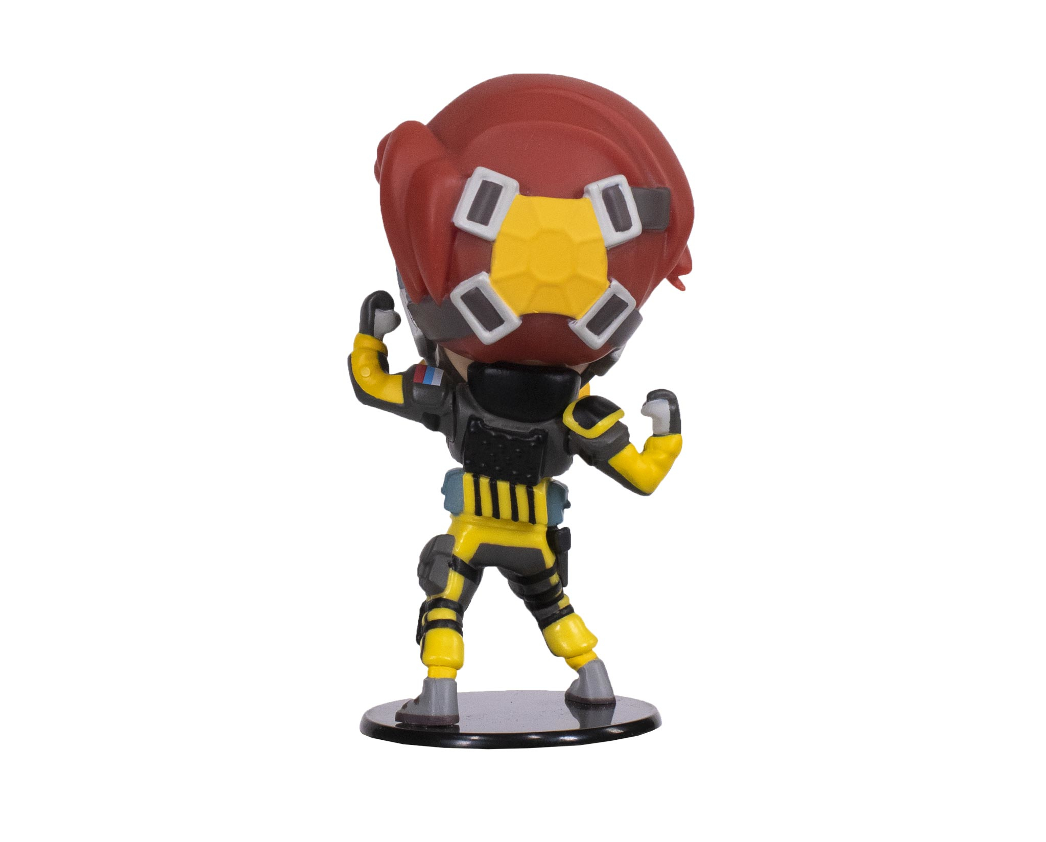 Weibliche Figur von hinten. Sie trägt ein schwarz-gelbes Outfit. Weißer Hintergrund.