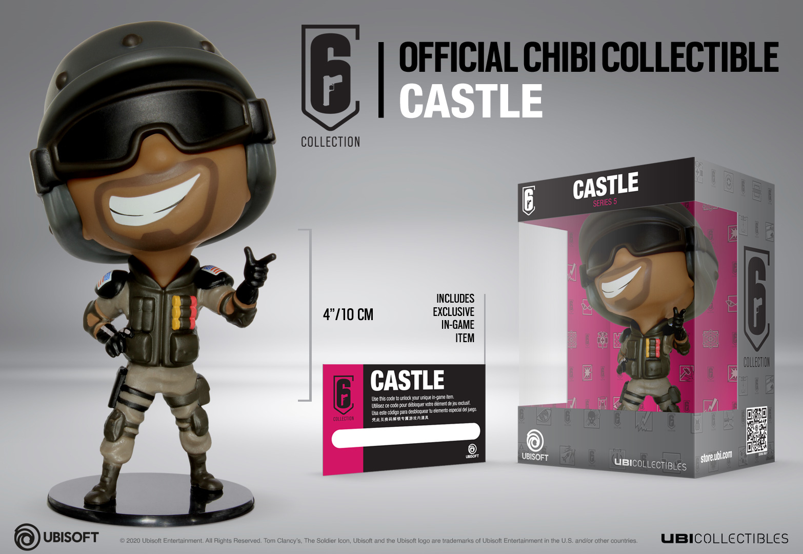 Figura coleccionable de Castle de Rainbow Six Siege, en una caja expositora. Casco negro.