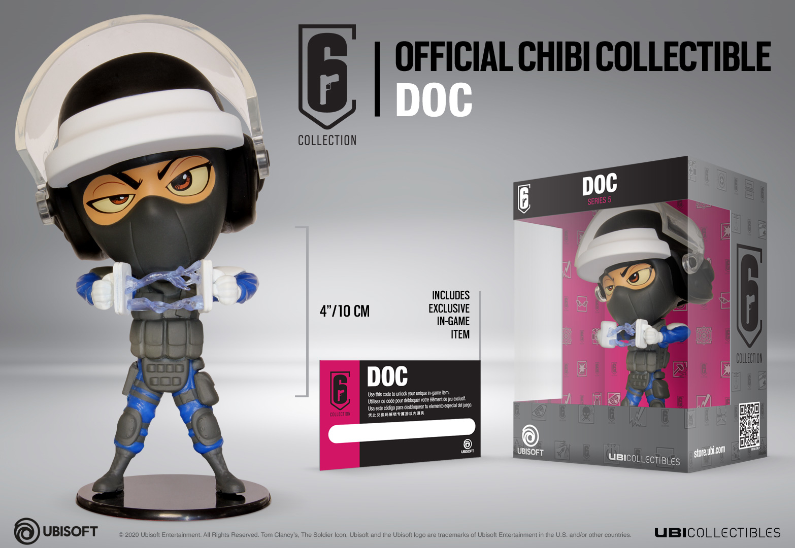 Eine Chibi-Sammelfigur von Doc aus dem Spiel. Er hält eine Waffe. Eine Box ist rechts.