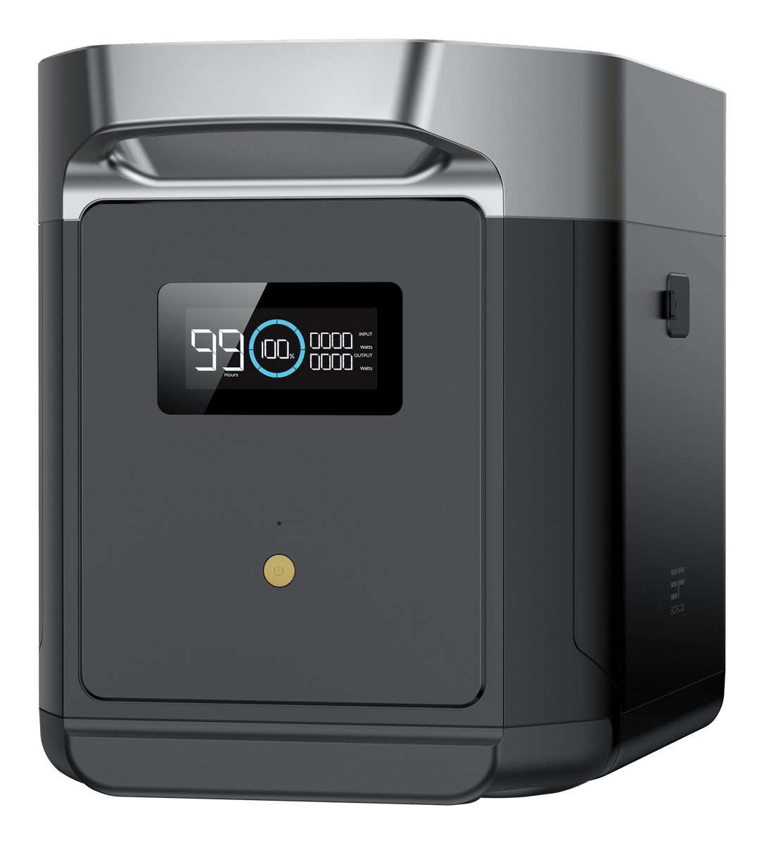 Eine schwarz-graue Powerstation mit einem LCD-Bildschirm, der Daten anzeigt.