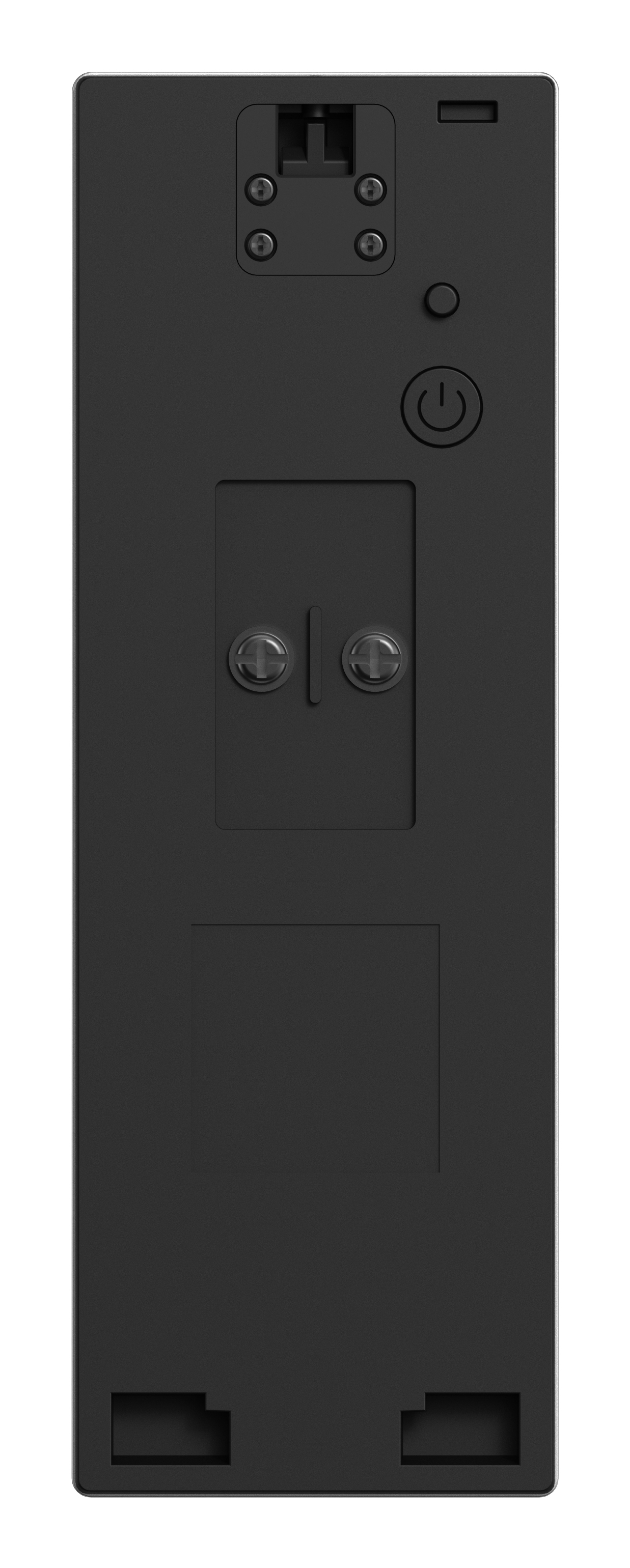 Czarny tył dzwonka do drzwi z mocowaniami śrubowymi, przyciskiem zasilania i dwoma portami połączeniowymi na dole.