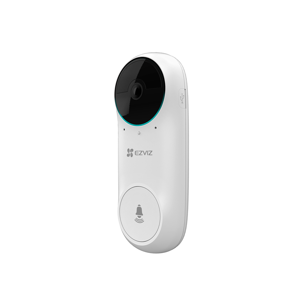 Videocitofono EZVIZ bianco. Ha una fotocamera e un pulsante del campanello.