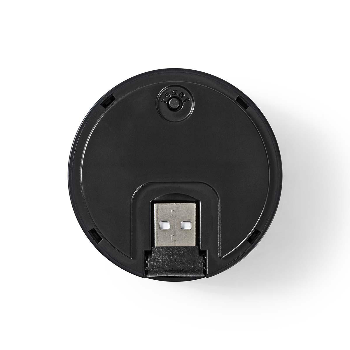 Schwarzes USB-Gerät mit kreisförmiger Form. Es hat einen USB-Anschluss an der Unterseite.