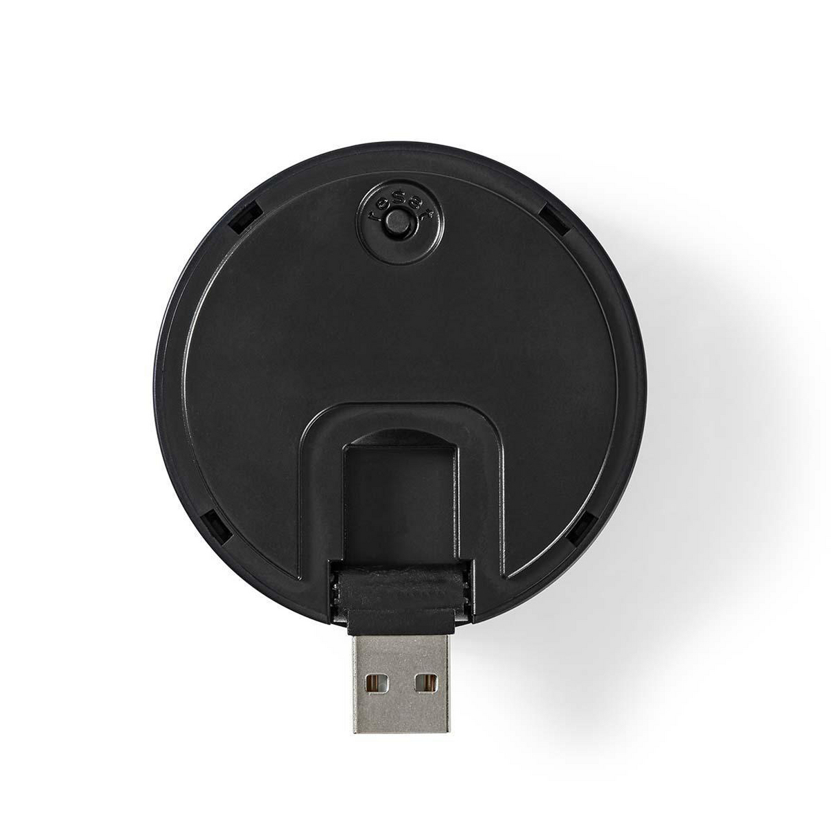 Schwarzes USB-Gerät. Es hat einen USB-Anschluss und einen kleinen Knopf oben.