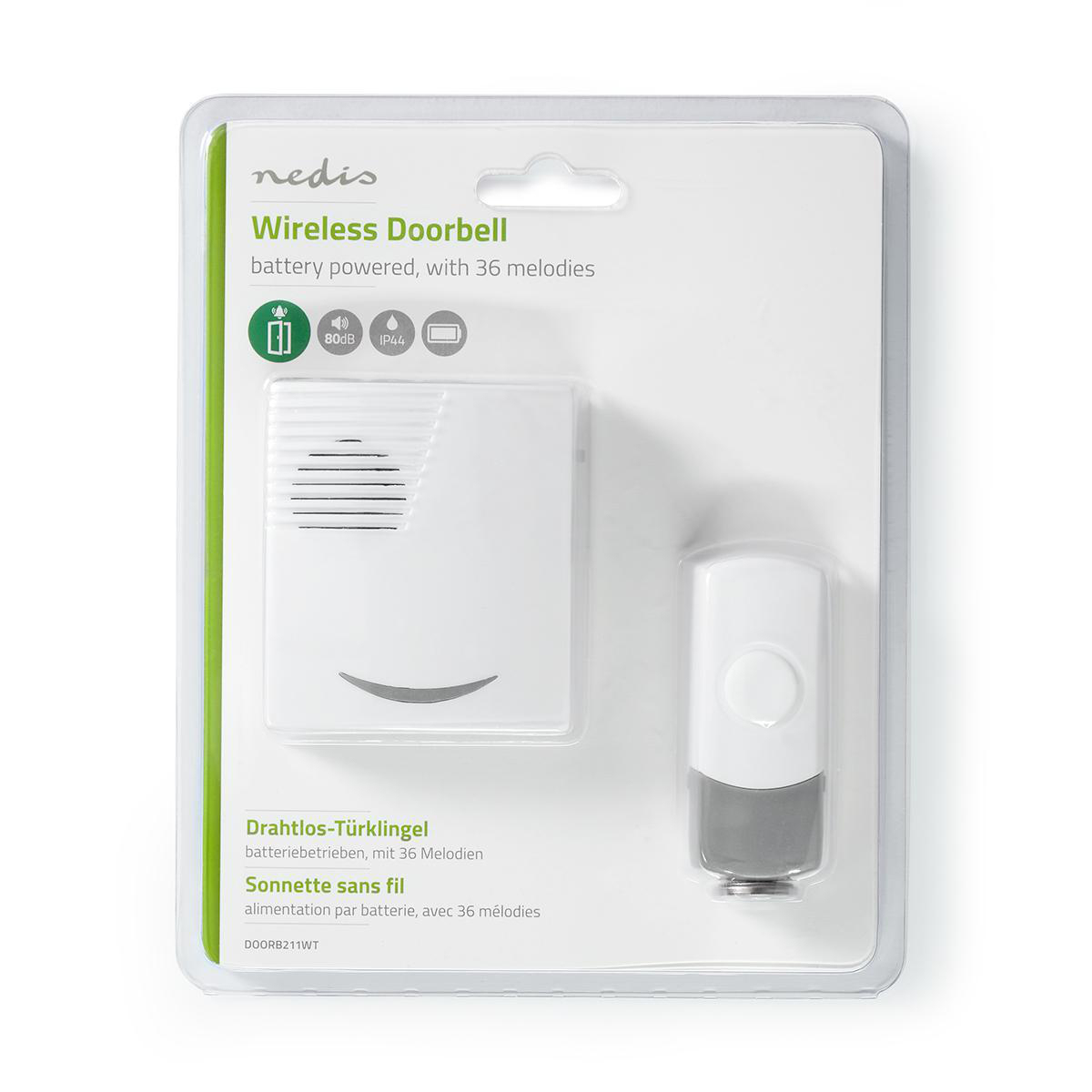 Biały bezprzewodowy dzwonek do drzwi, z białym odbiornikiem i szarym nadajnikiem przyciskowym, na białym tle.