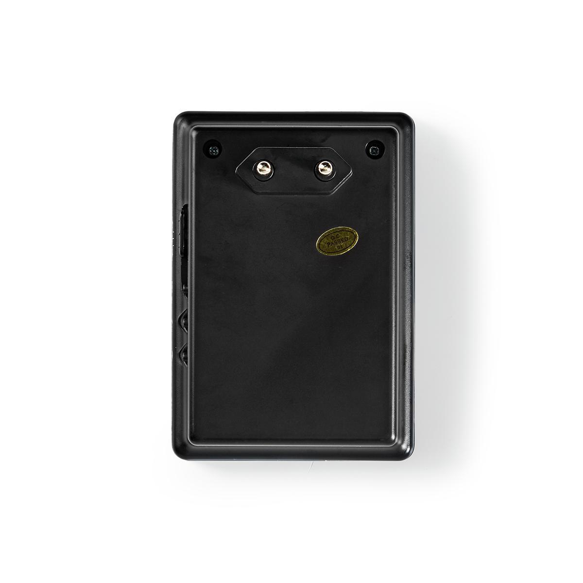 Czarny prostokąt, zasilacz z dwoma otworami i złotą naklejką z napisem "CE Passed".