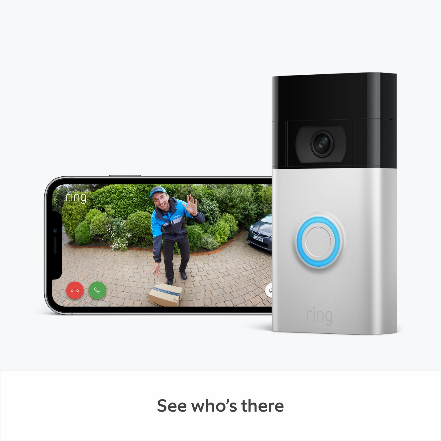 Un timbre de video Ring que muestra a un hombre en la pantalla de un teléfono y un repartidor.
