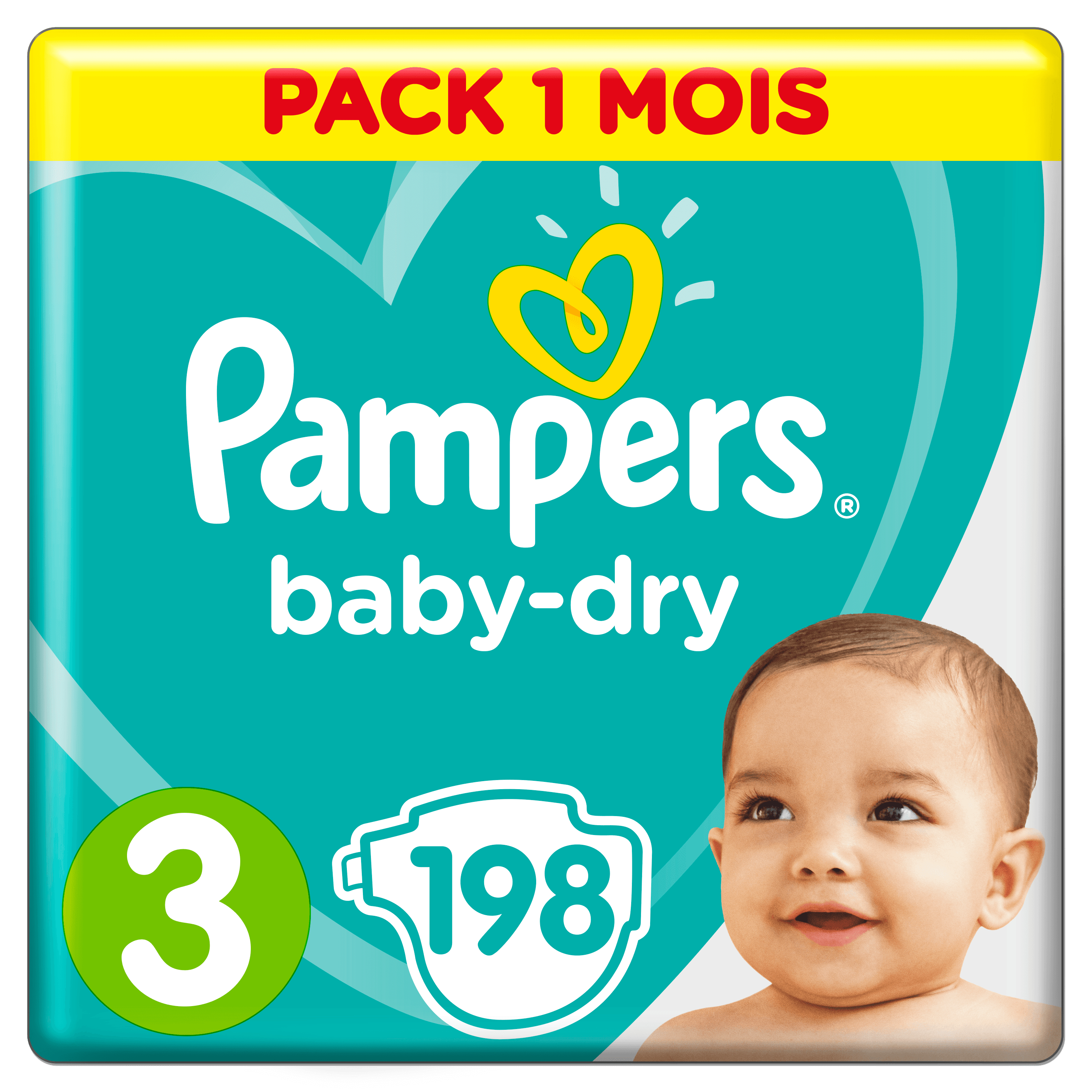 Pampers Baby-Dry Pack mit Baby. Türkisfarbener Hintergrund.
