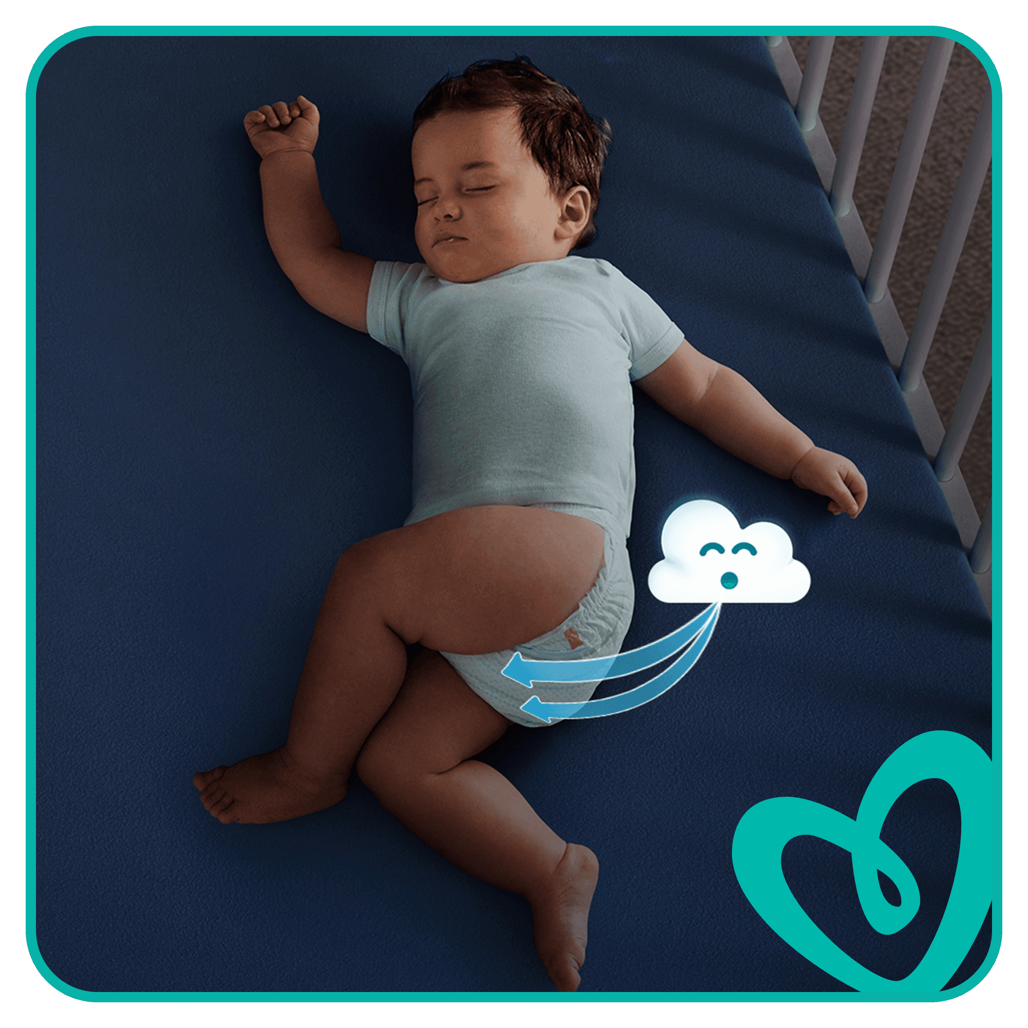 Baby schläft auf blauem Laken. Eine Wolke ist über dem Baby.